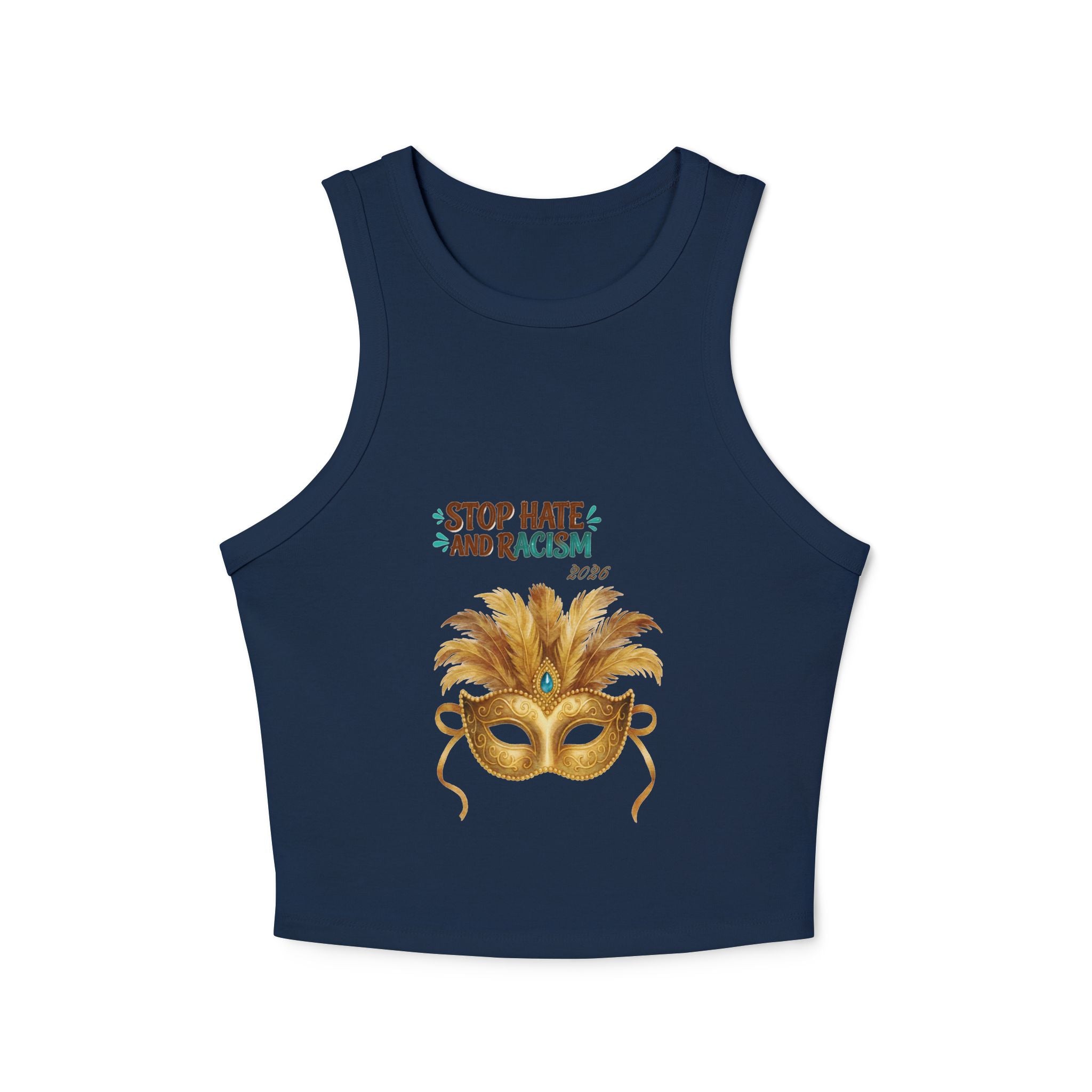 Mardi Gras Feather Mask Tank — "Stop Hate and Racism" Women's Racer Crop