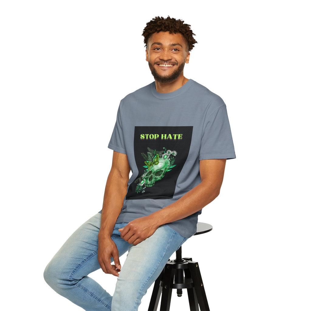 Stop Hate Skull T-Shirt — Green Floral Skull Graphic Tee