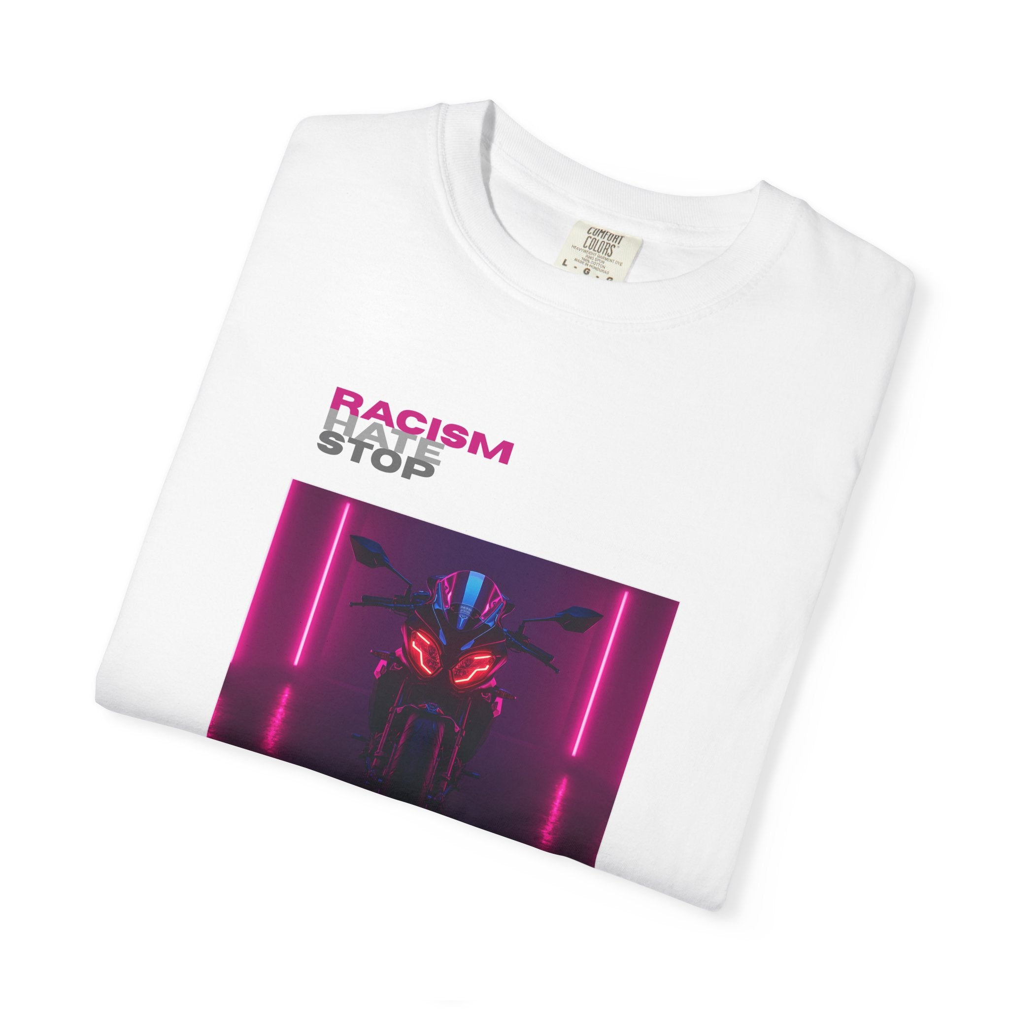 Anti-Racism Graphic T-Shirt — “Racism Stop” Neon Robot Design