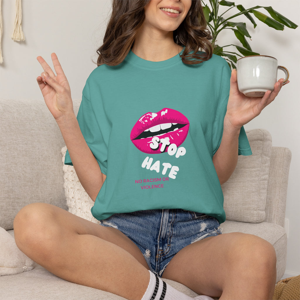 T-Shirt — Pink Lip 'Stop' Graphic Tee (No Racism or Violence)