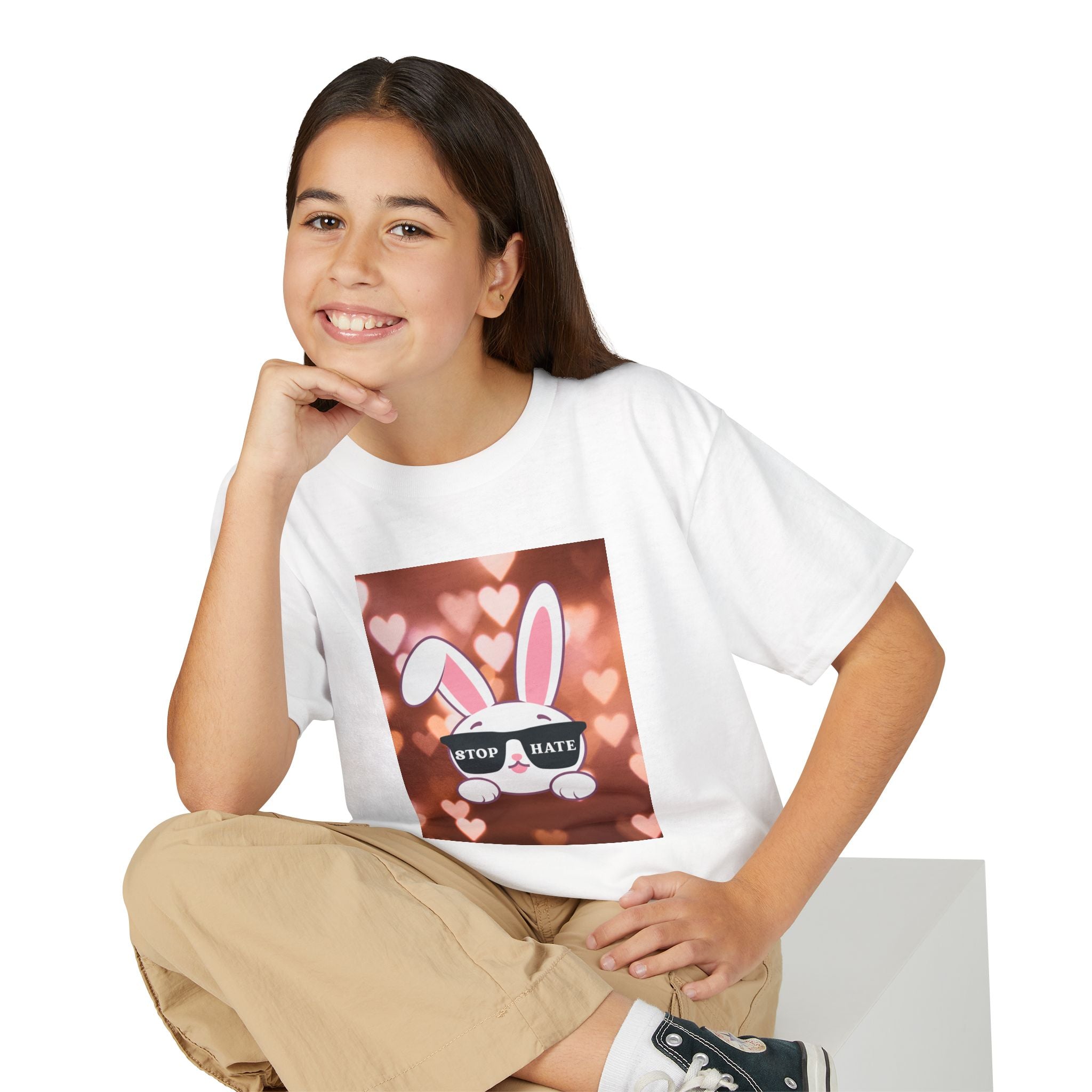 Youth T-Shirt — Cute Bunny with 'Stop the Hate' Sunglasses | Kids Anti-Bullying Tee