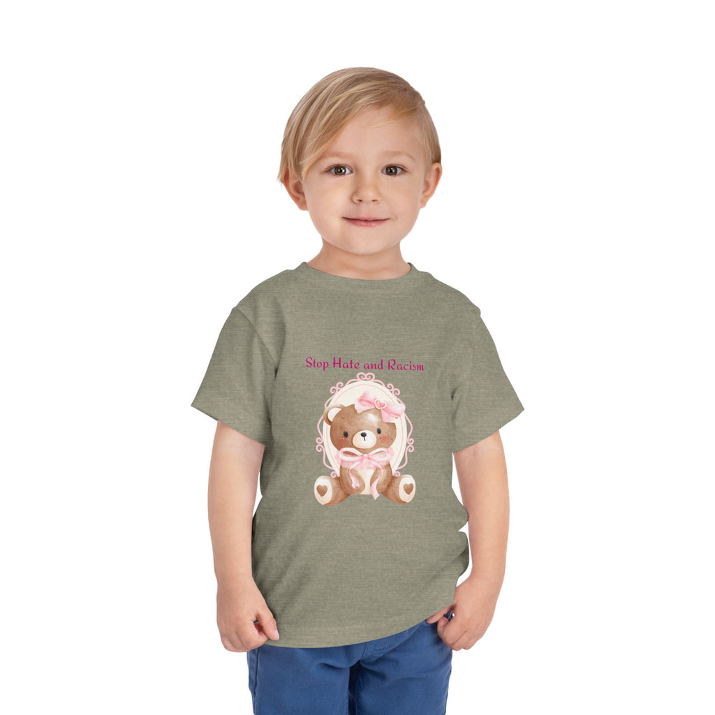 Toddler Tee – Pink Teddy "Stop Hate and Racism" Anti-Racism Kids Shirt