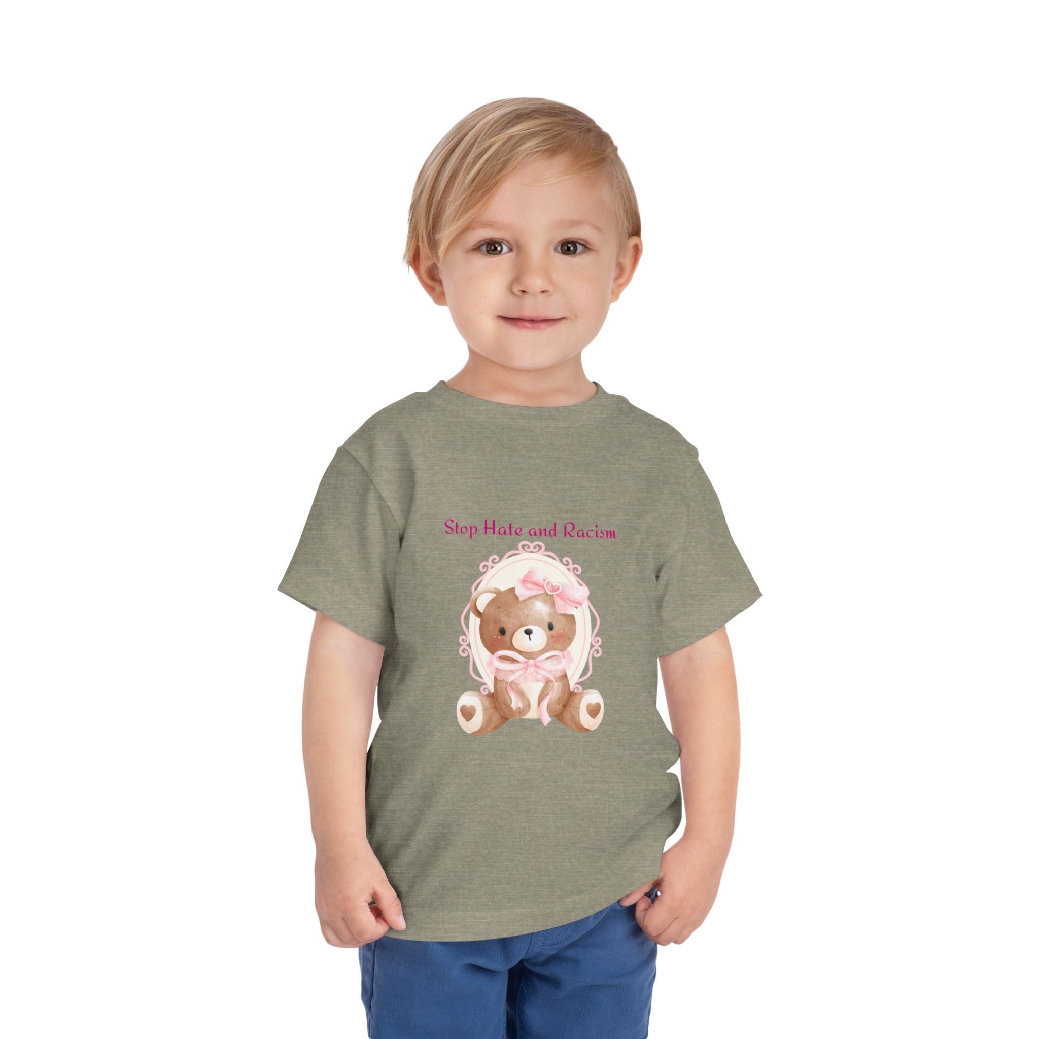 Toddler Tee – Pink Teddy "Stop Hate and Racism" Anti-Racism Kids Shirt