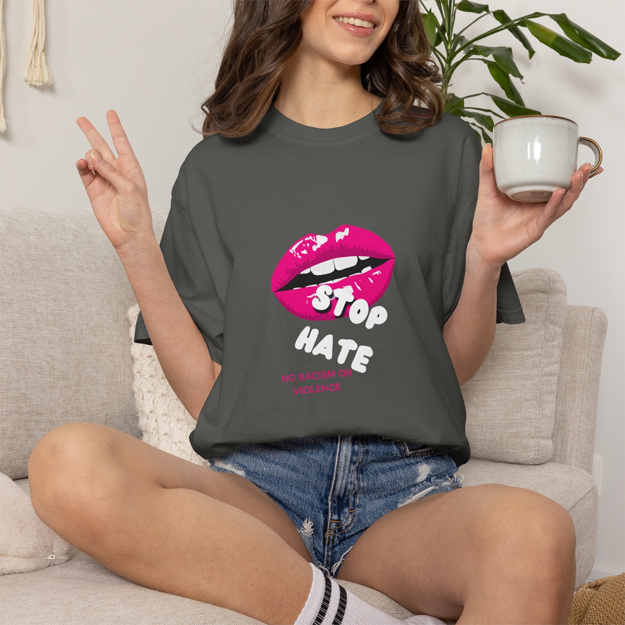 T-Shirt — Pink Lip 'Stop' Graphic Tee (No Racism or Violence)