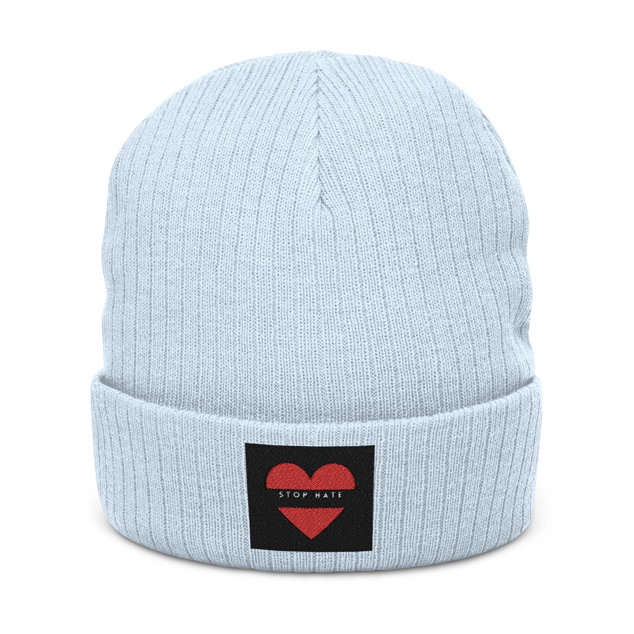 Embroidered Heart Patch Ribbed Knit Beanie — "Stay Nice"