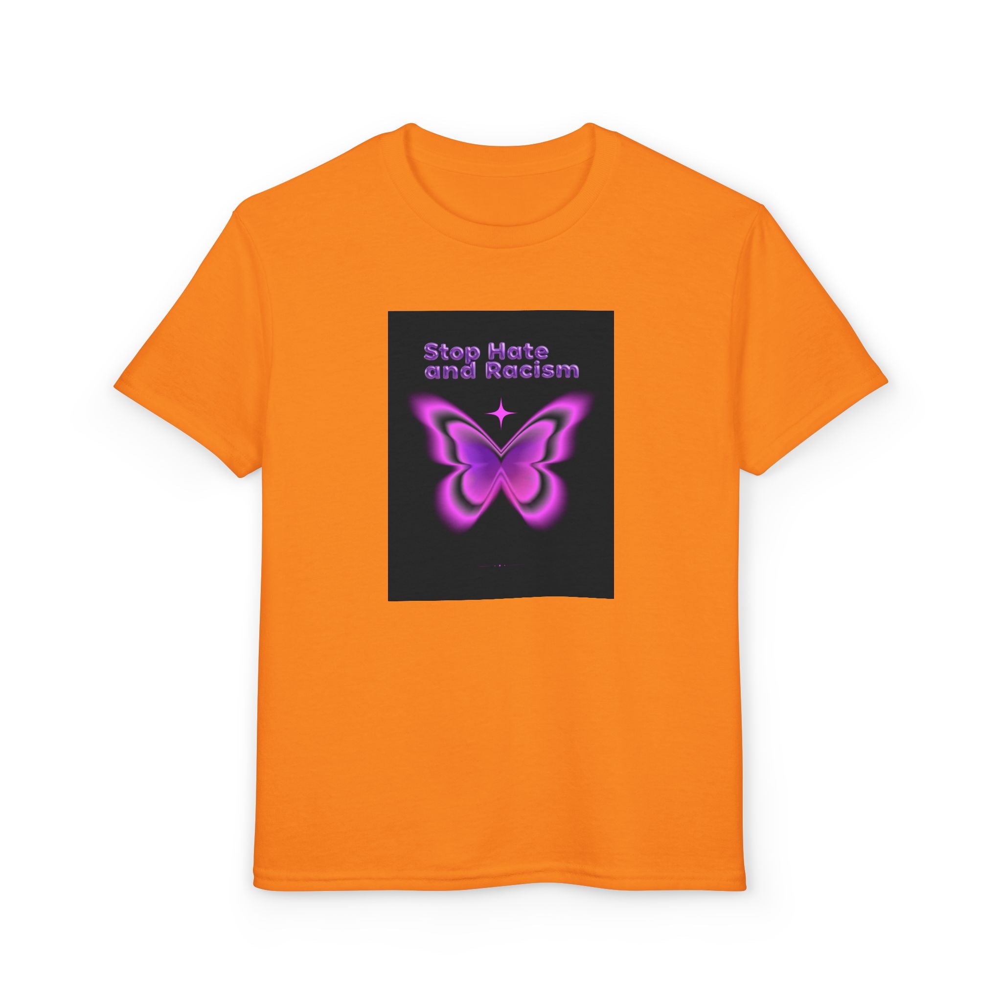 Youth T-Shirt — "Stop Hate and Racism" Pink Butterfly Anti-Racism Tee