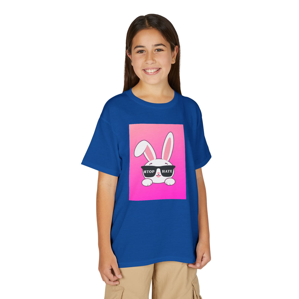 Youth T-Shirt — Pink Bunny "Stop Hate" Graphic