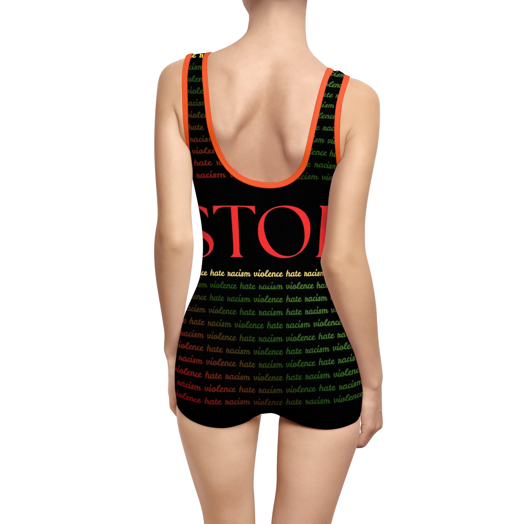 Vintage "Stop Racism" One-Piece Swimsuit — Retro Activist Bathing Suit
