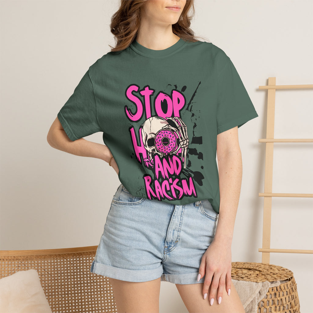 Stop H8 and Racism Graphic Tee — Anti-Racism Skull Donut Protest T-Shirt