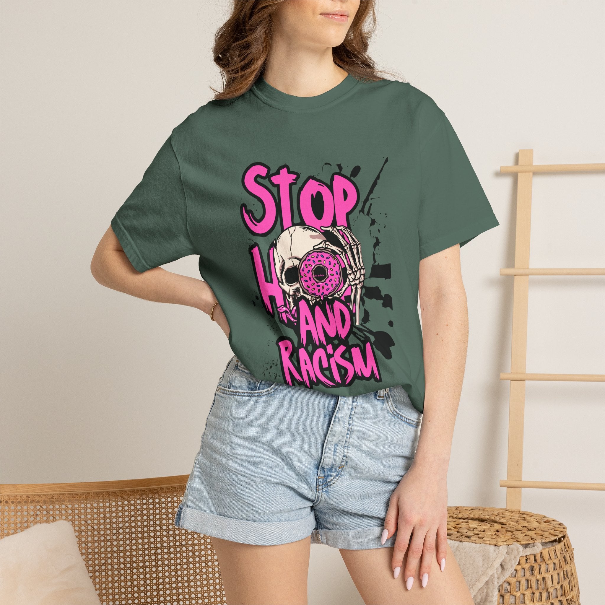 Stop H8 and Racism Graphic Tee — Anti-Racism Skull Donut Protest T-Shirt