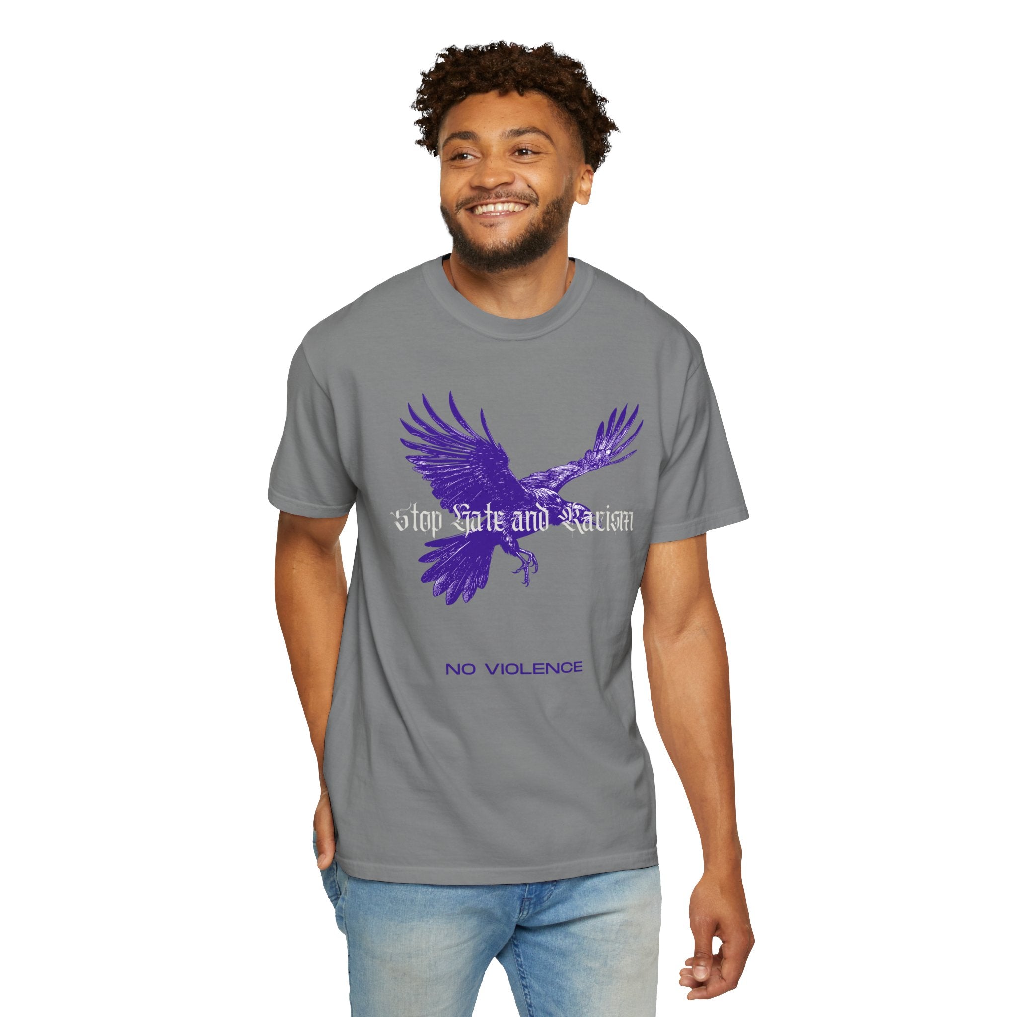 No Violence Raven T-Shirt — Purple Flying Crow Graphic Tee