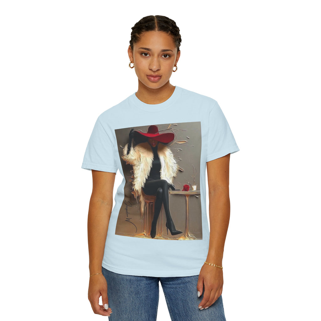 Vintage Glam Femme T-Shirt — Red Hat, Fur & Stiletto Art Tee
