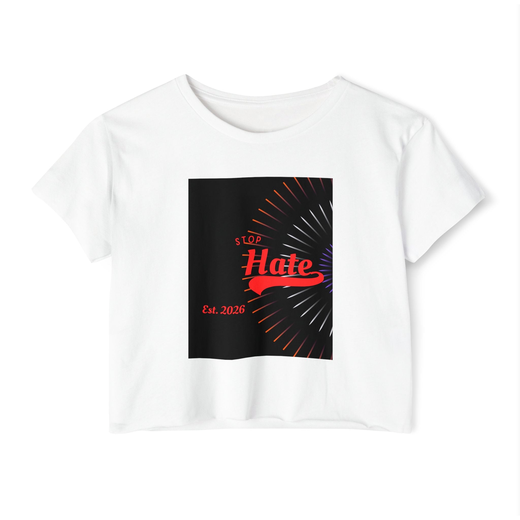 Crop Top — 'Stop Hate' Festival Crop Top, Retro Red Script Graphic