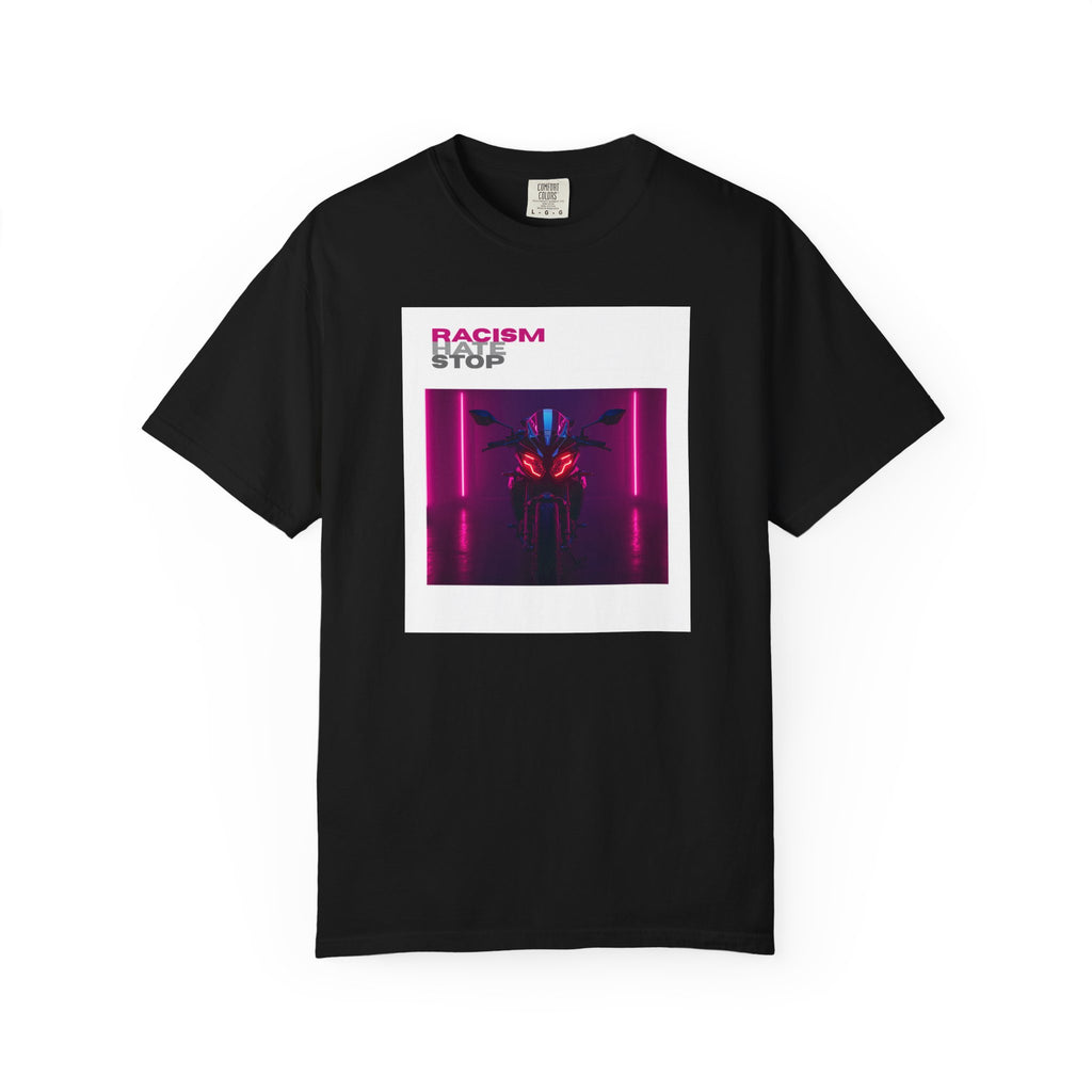Anti-Racism Graphic T-Shirt — “Racism Stop” Neon Robot Design