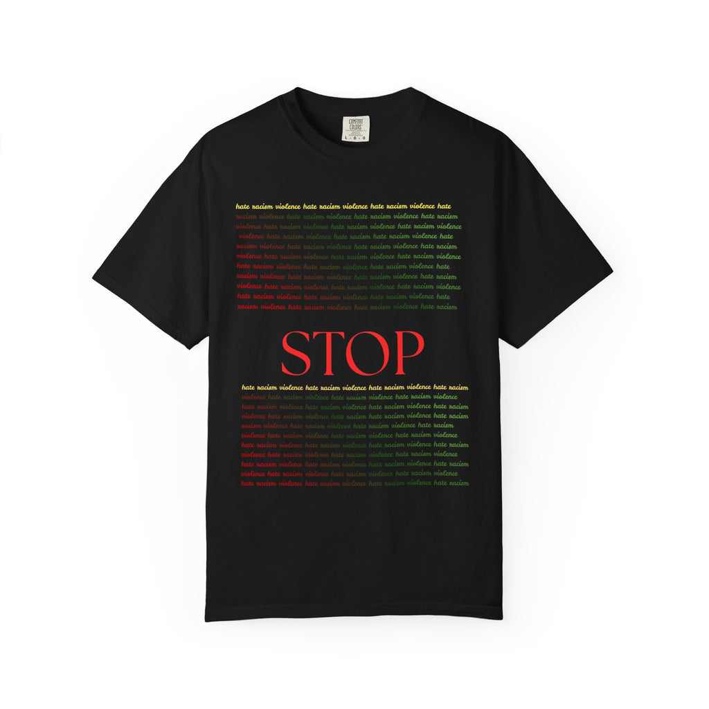 Stop Screen Tee — Black Graphic T-Shirt with Bold RED “STOP” Message