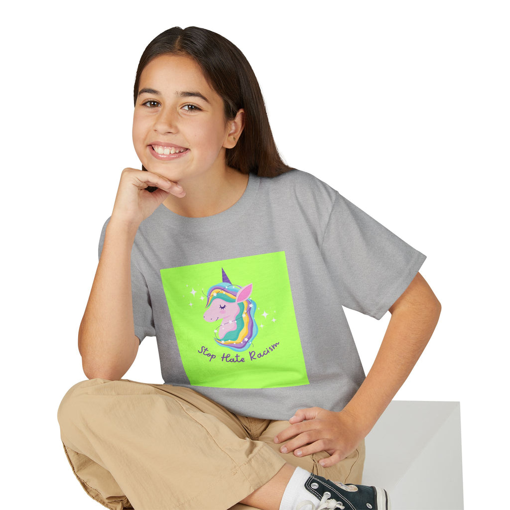 Youth T-Shirt — Rainbow Unicorn “Stop Hate Racism” Graphic