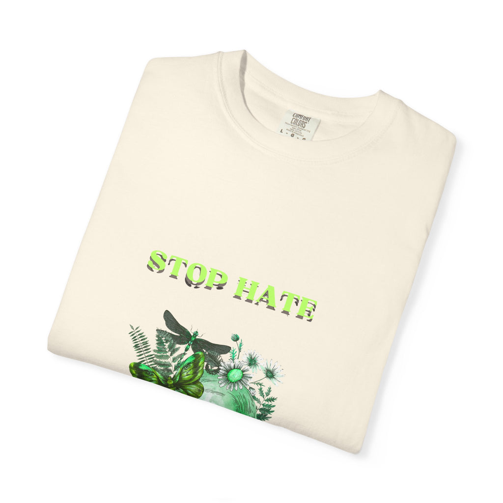 Stop Hate Skull T-Shirt — Green Floral Skull Graphic Tee