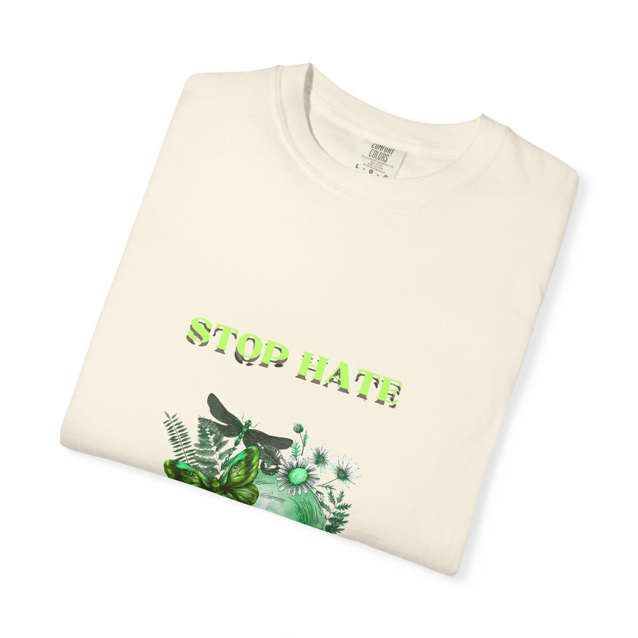 Stop Hate Skull T-Shirt — Green Floral Skull Graphic Tee