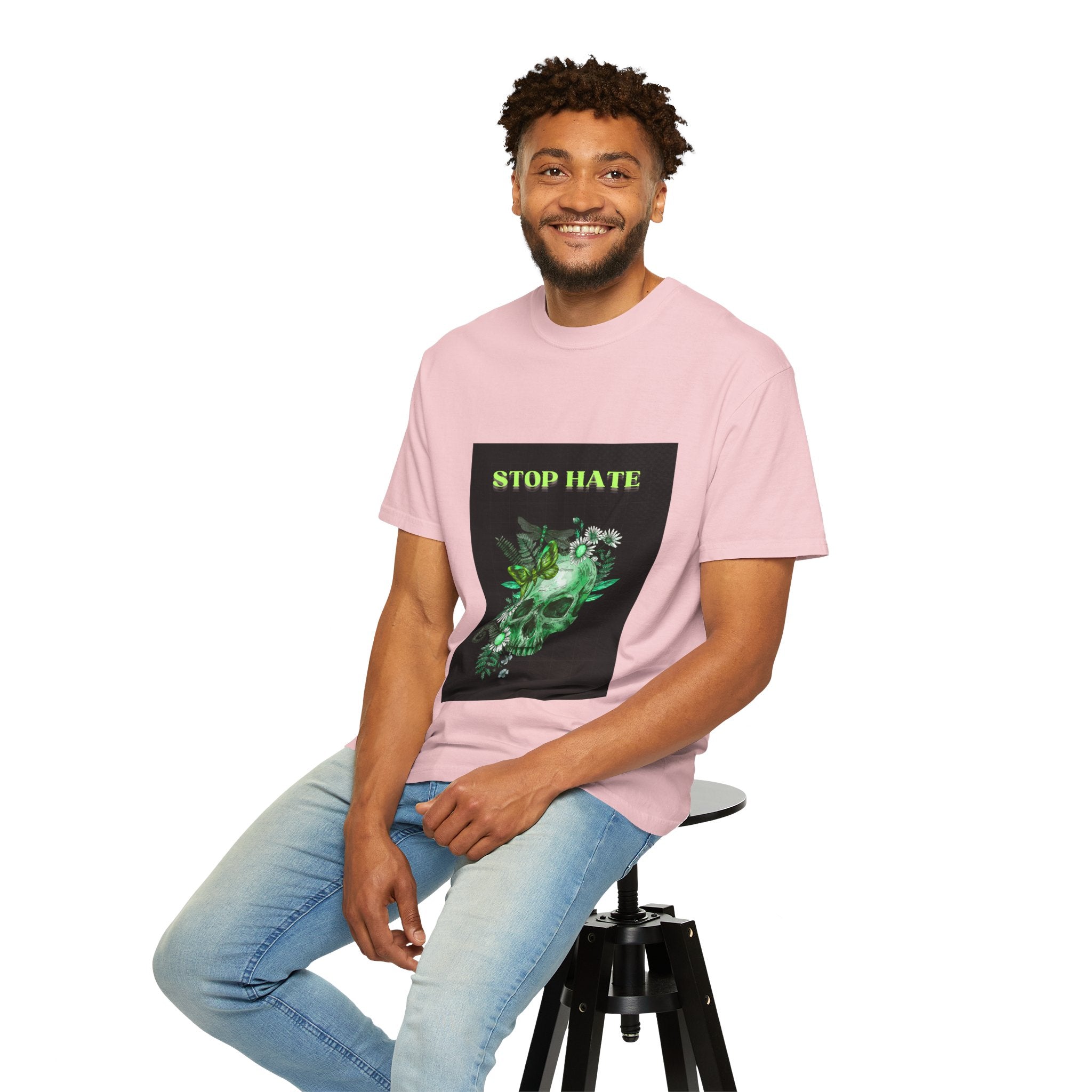 Stop Hate Skull T-Shirt — Green Floral Skull Graphic Tee