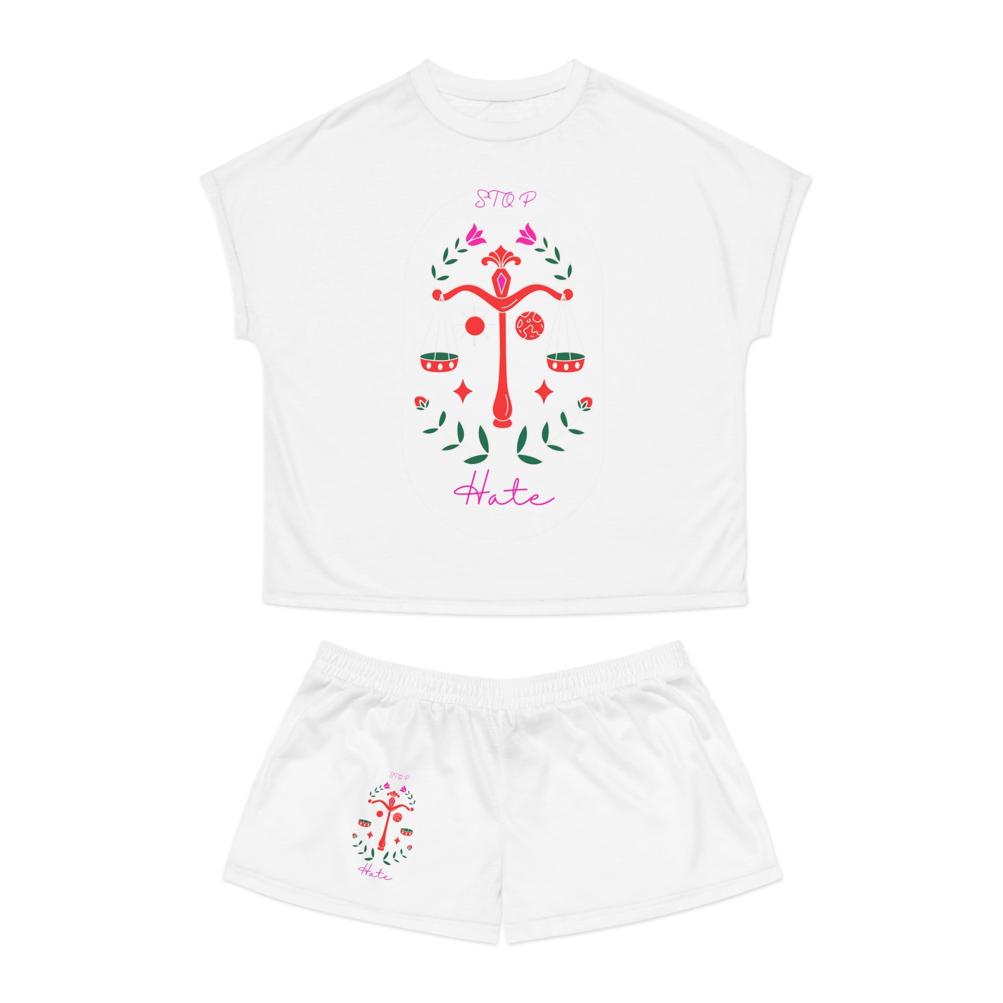 Women's Short Pajama Set - 'Stop Hate' Floral Scales Sleepwear
