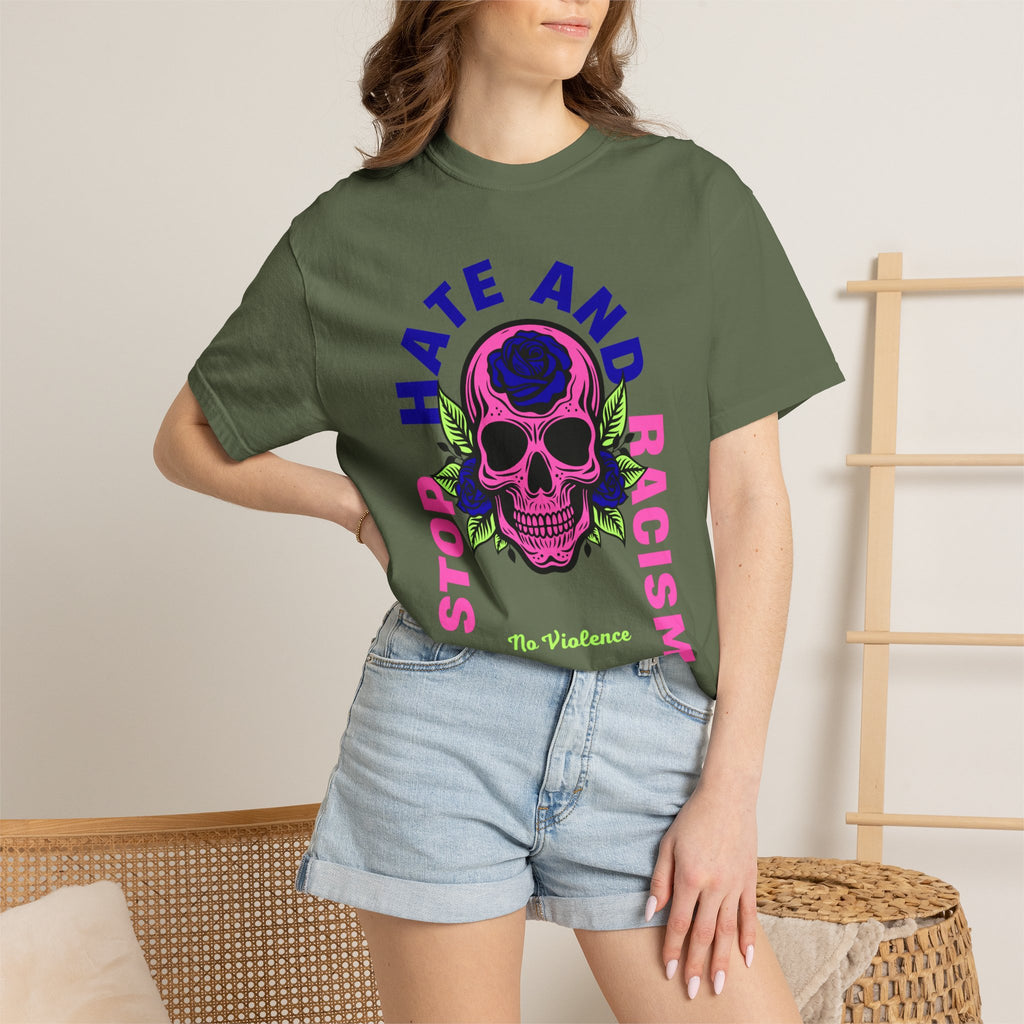 Stop Hate and Racism Skull T-Shirt — Anti-Racism Statement Tee