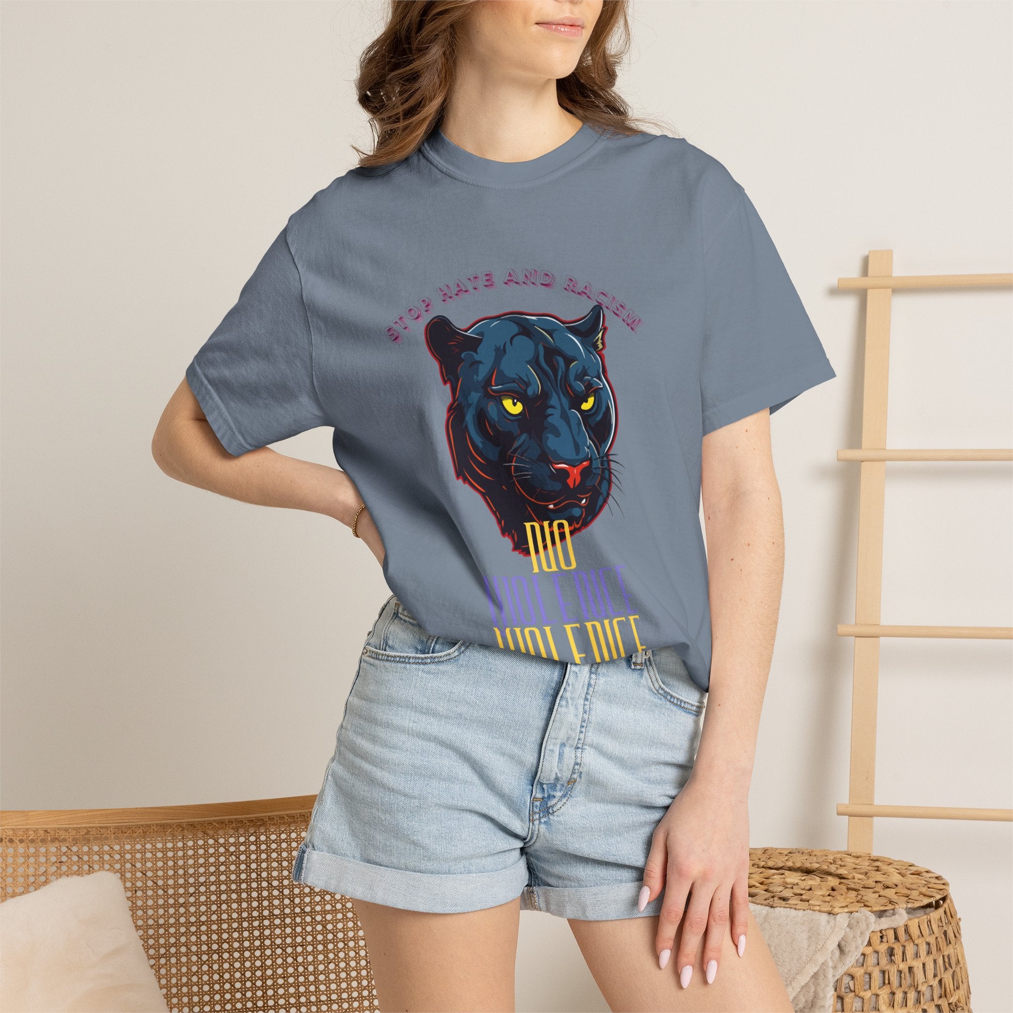 No Violence Panther T-Shirt — Graphic Animal Tee with 'No Violence' Text