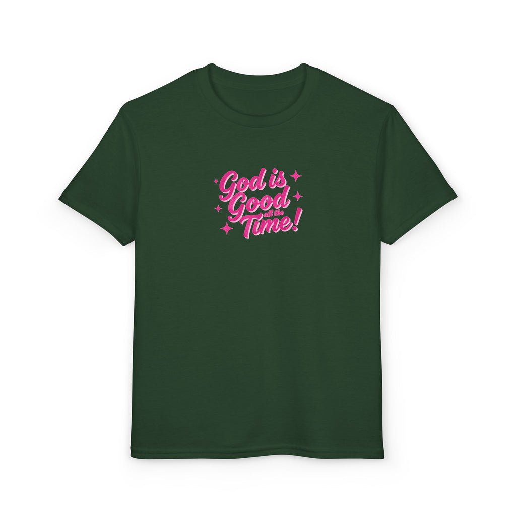 Youth T-Shirt — "God Is Good Time!" Pink Script Faith Tee