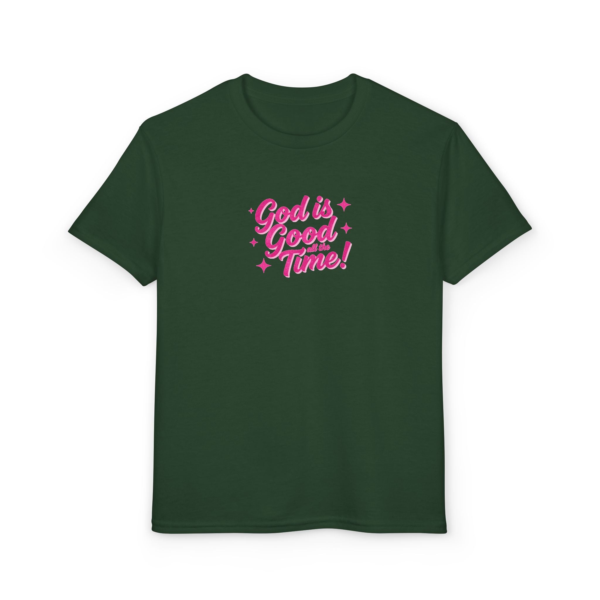 Youth T-Shirt — "God Is Good Time!" Pink Script Faith Tee