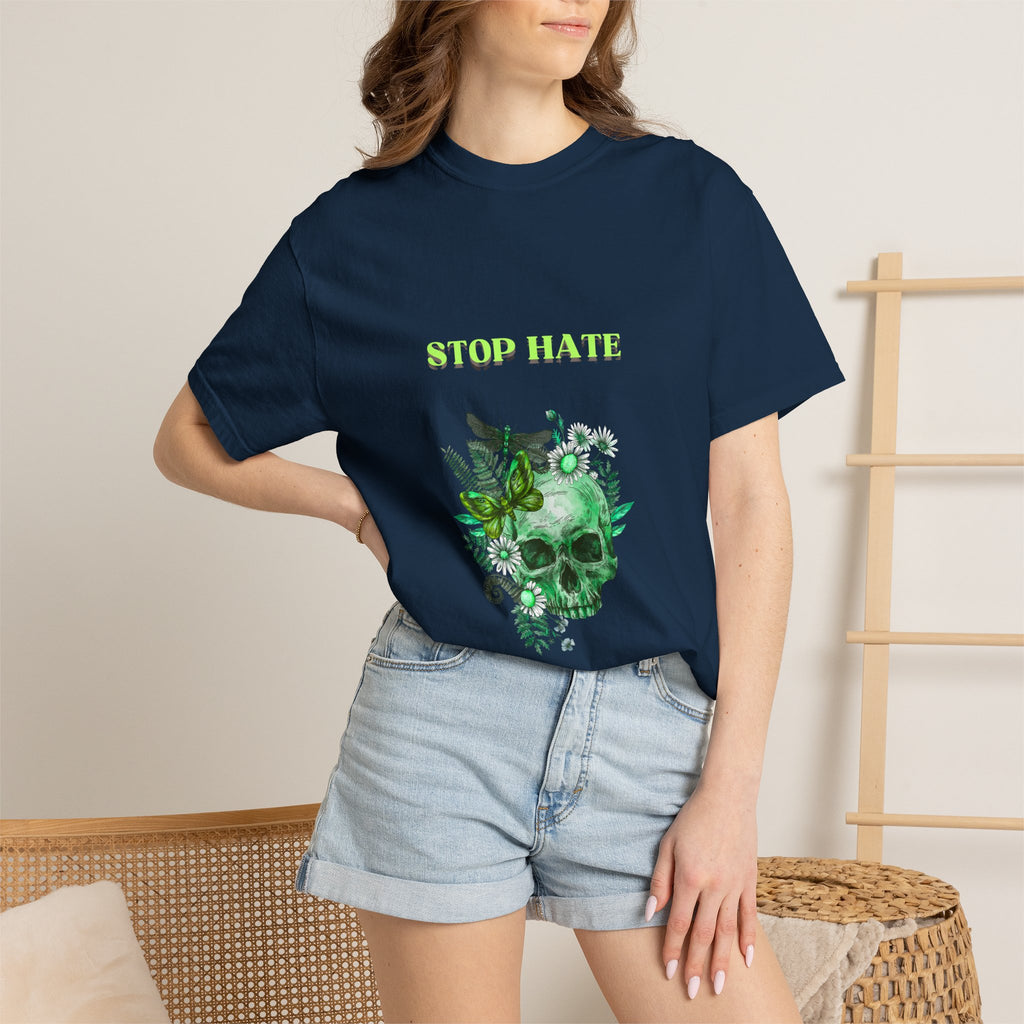 Stop Hate Skull T-Shirt — Green Floral Skull Graphic Tee