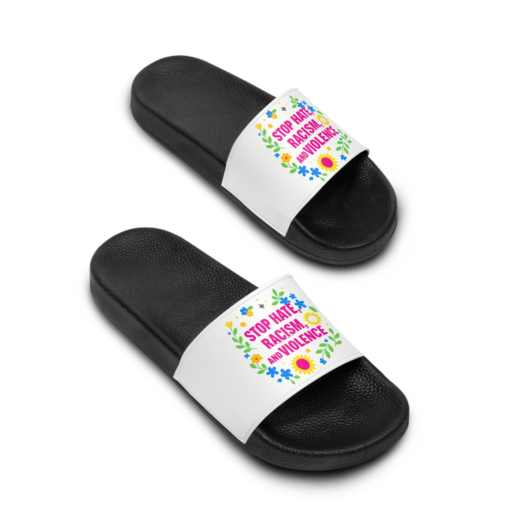 Slide Sandals — "Stop Hate, Racism, and Violence" Floral Anti-Racism Pool Slides