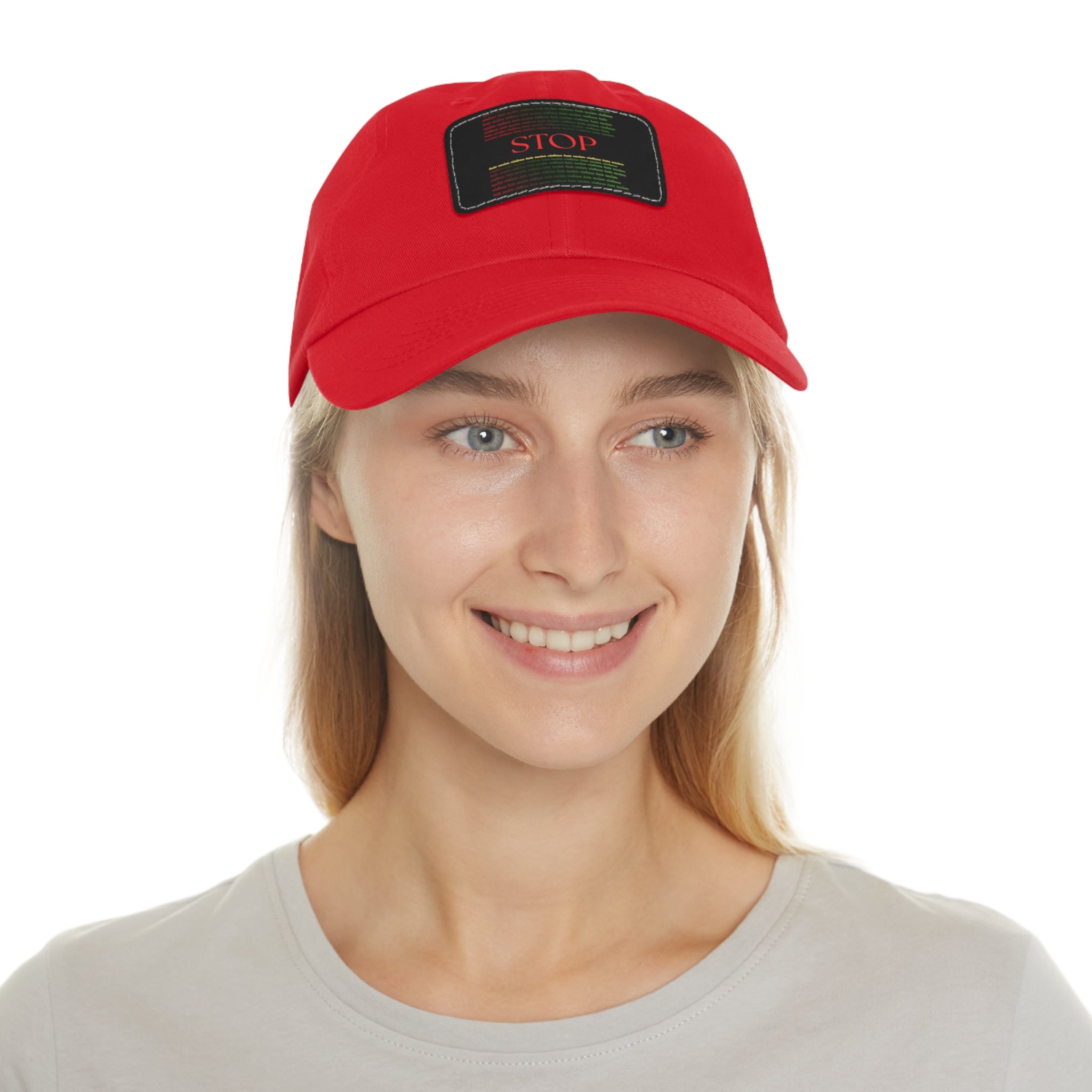 Leather Patch Dad Hat — 'STOP' Embossed Casual Baseball Cap