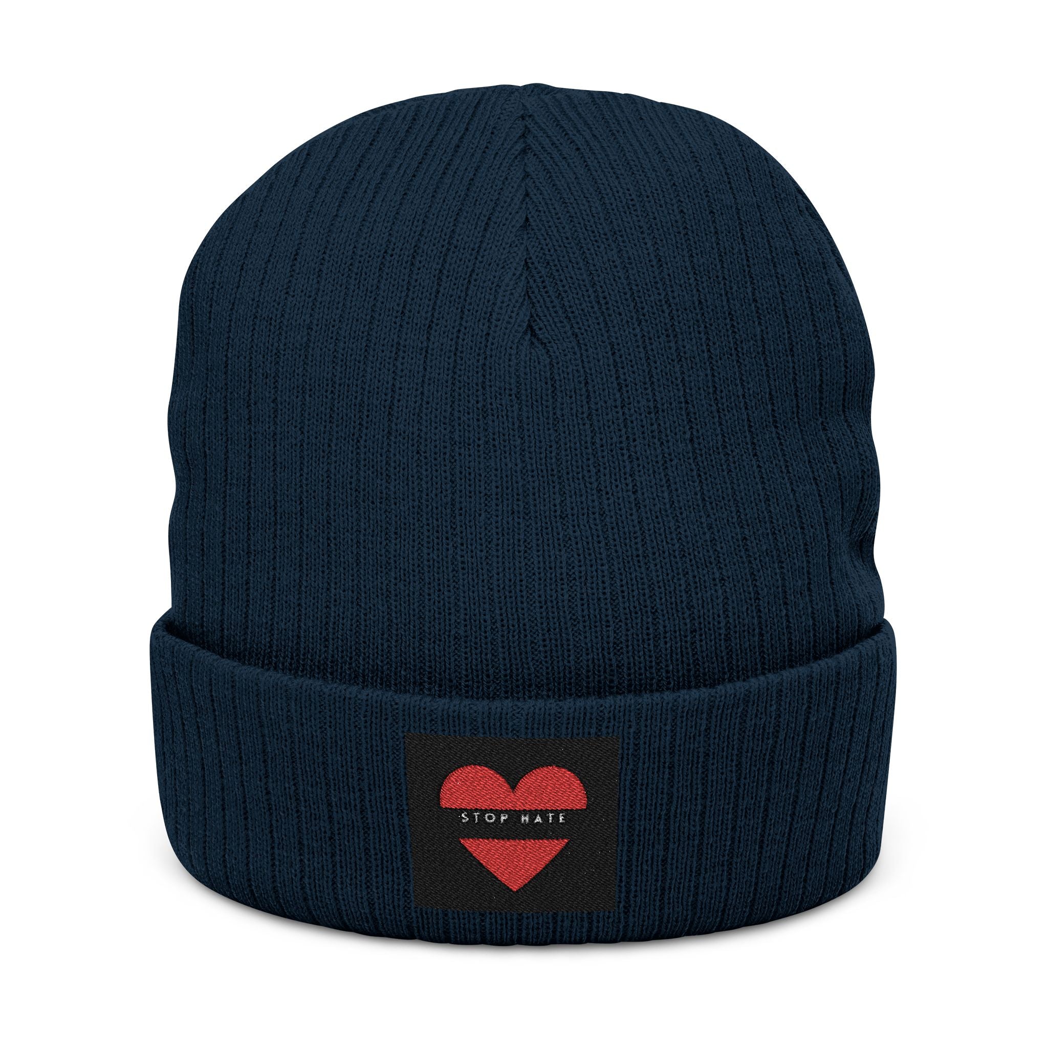 Embroidered Heart Patch Ribbed Knit Beanie — "Stay Nice"