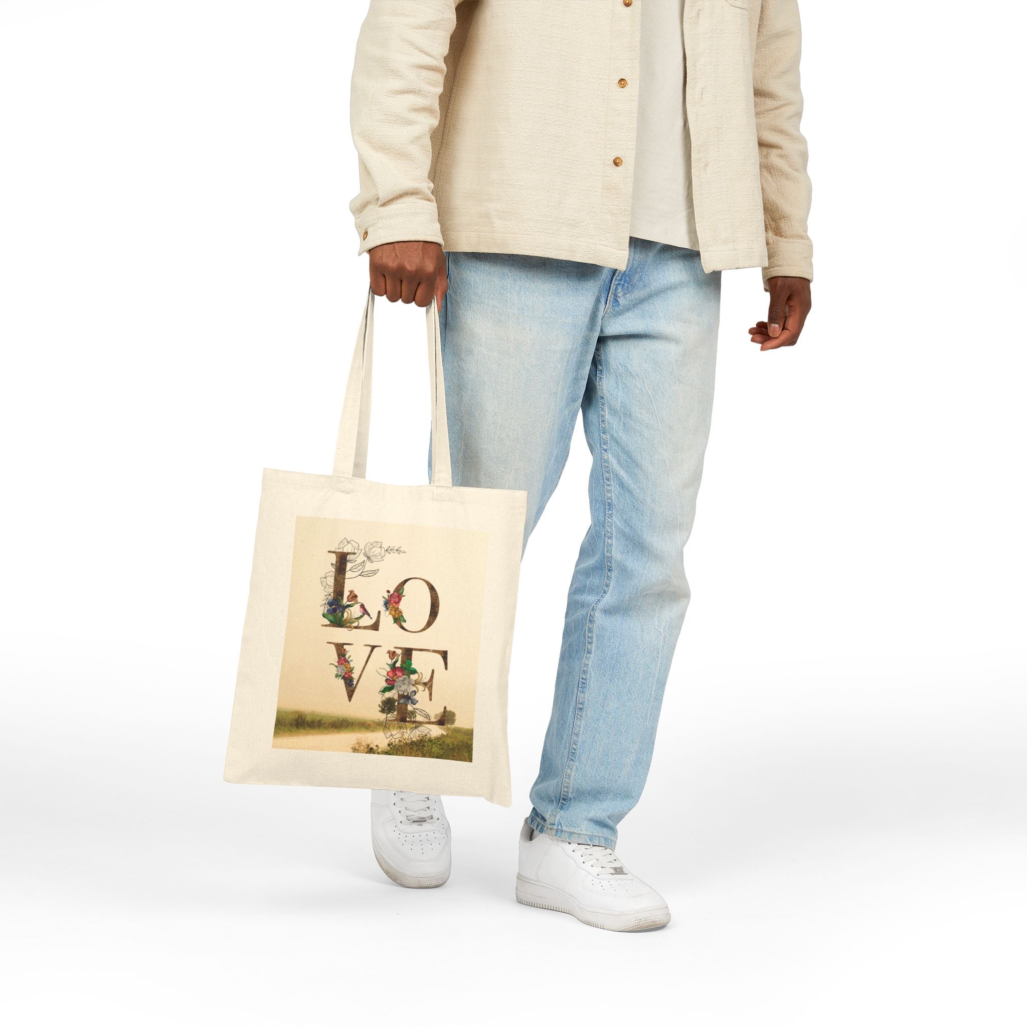 Love Floral Canvas Tote Bag — Vintage Botanical 'LOVE' Print Cotton Shopper