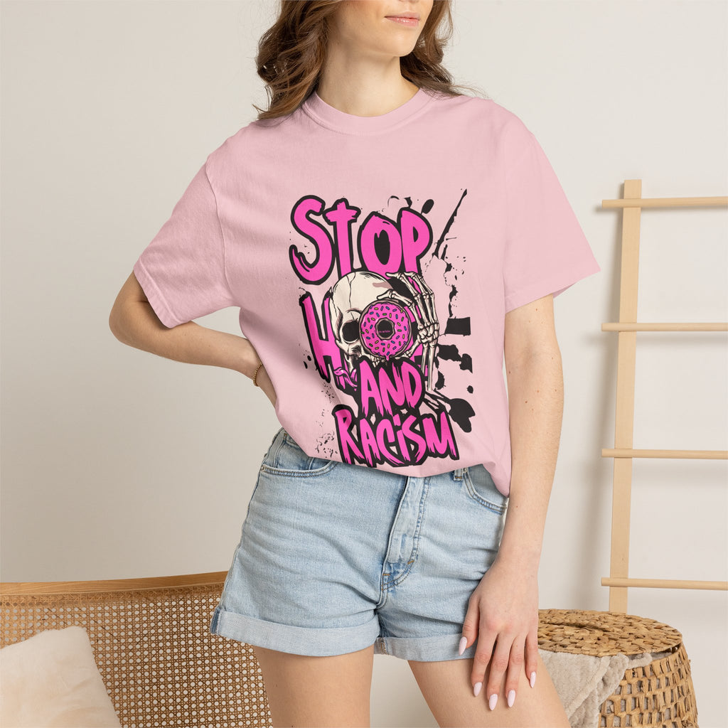 Stop H8 and Racism Graphic Tee — Anti-Racism Skull Donut Protest T-Shirt