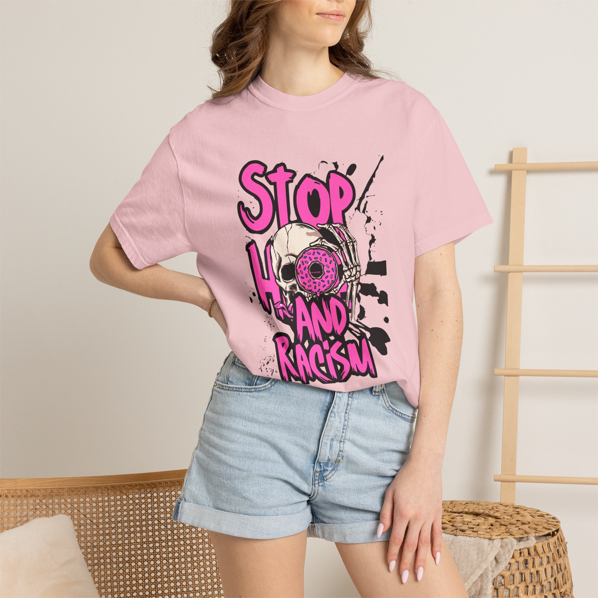 Stop H8 and Racism Graphic Tee — Anti-Racism Skull Donut Protest T-Shirt