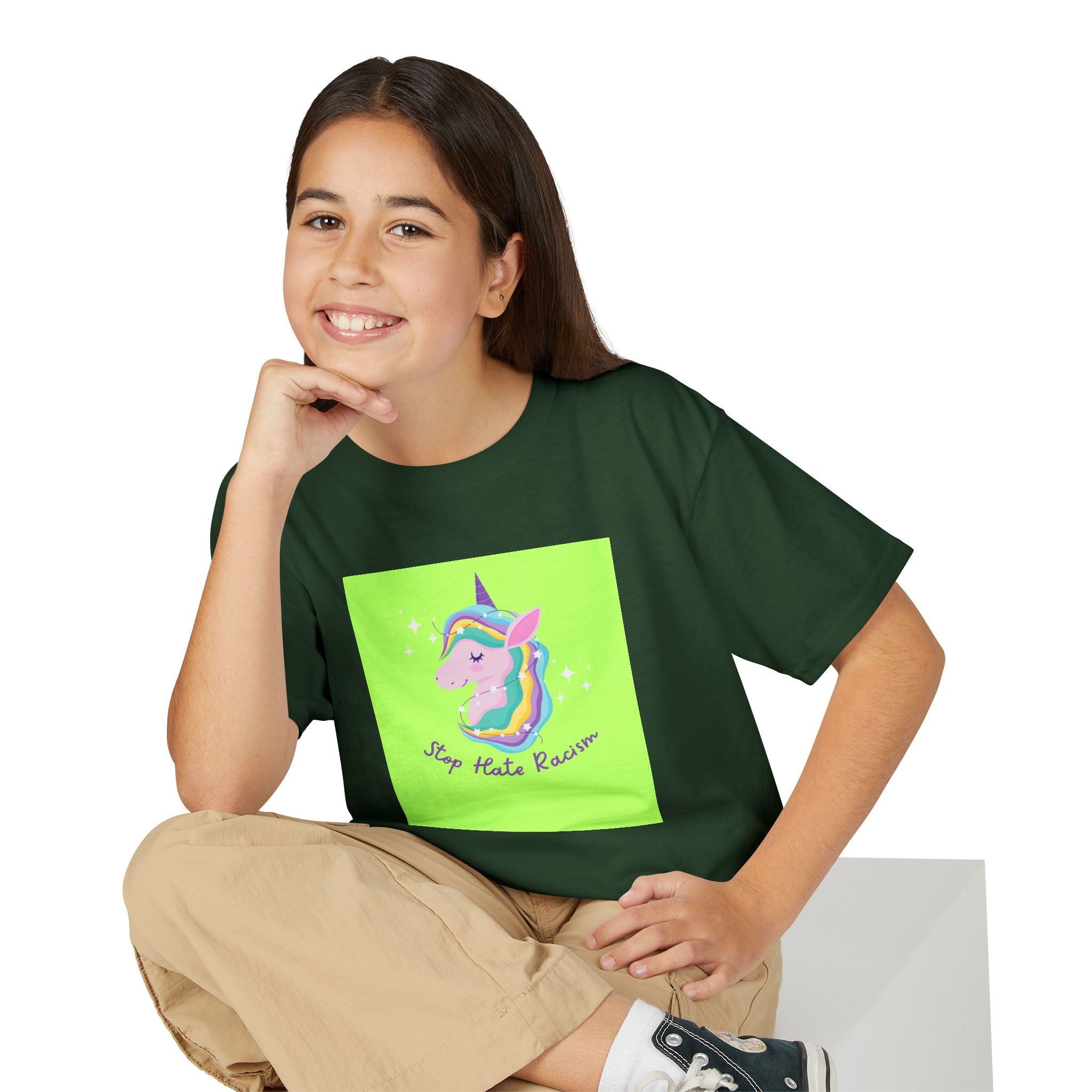 Youth T-Shirt — Rainbow Unicorn “Stop Hate Racism” Graphic