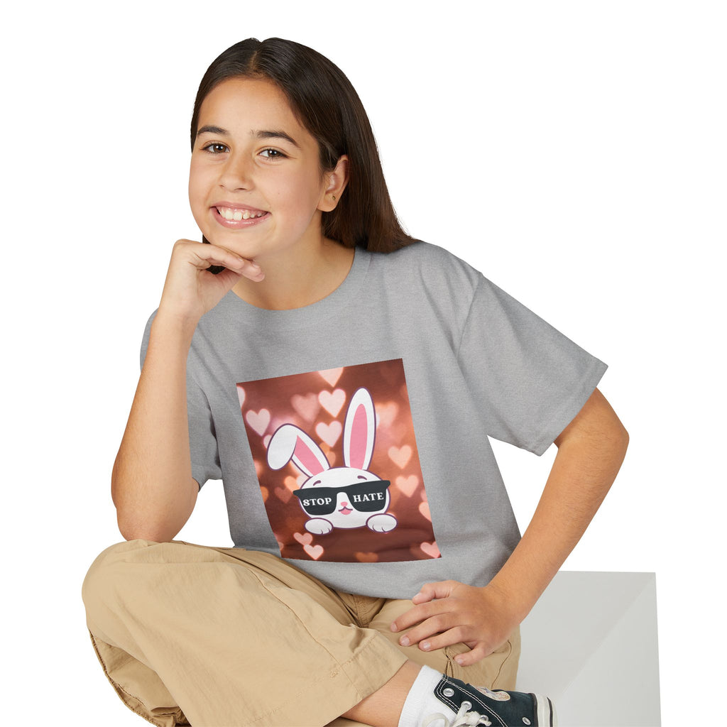 Youth T-Shirt — Cute Bunny with 'Stop the Hate' Sunglasses | Kids Anti-Bullying Tee