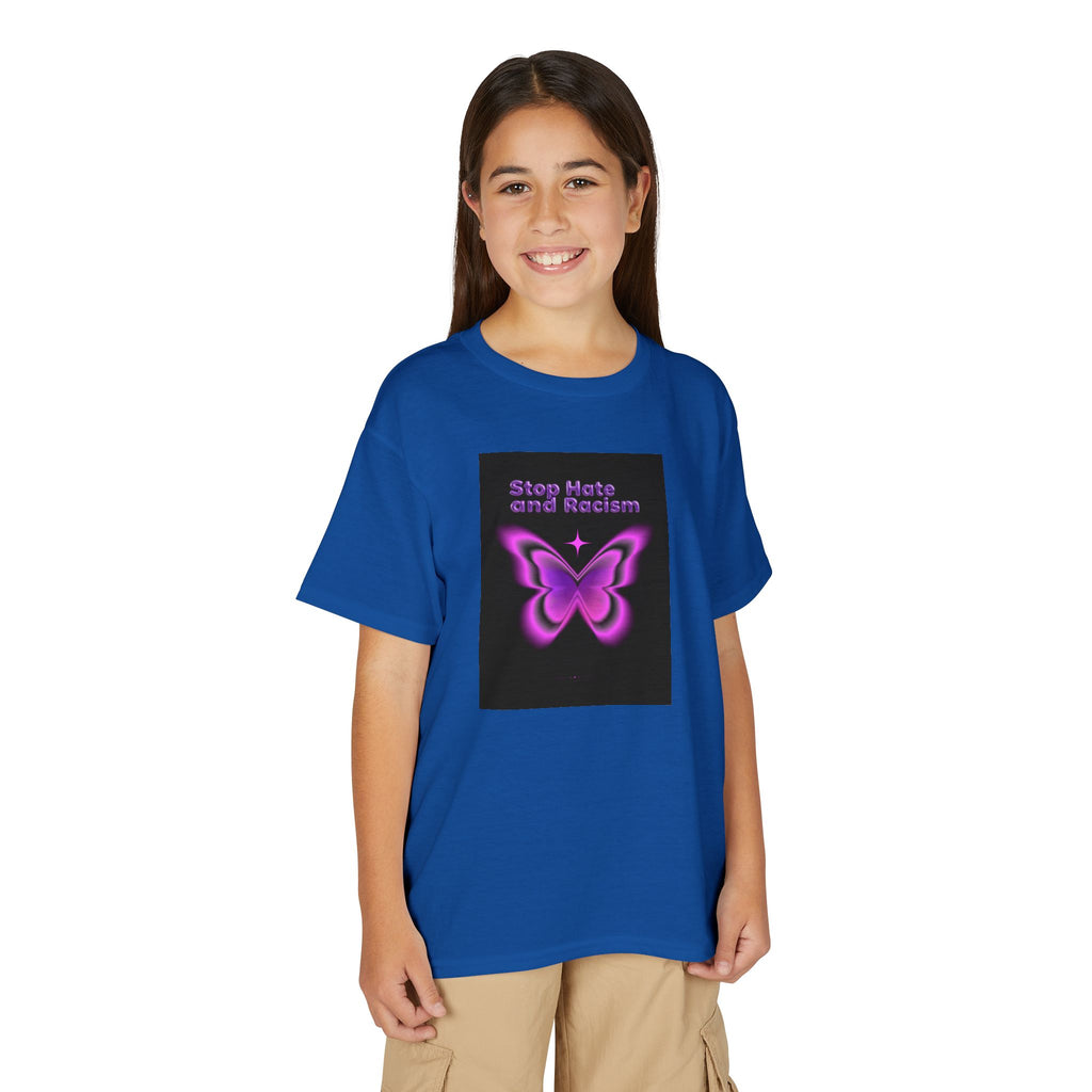 Youth T-Shirt — "Stop Hate and Racism" Pink Butterfly Anti-Racism Tee