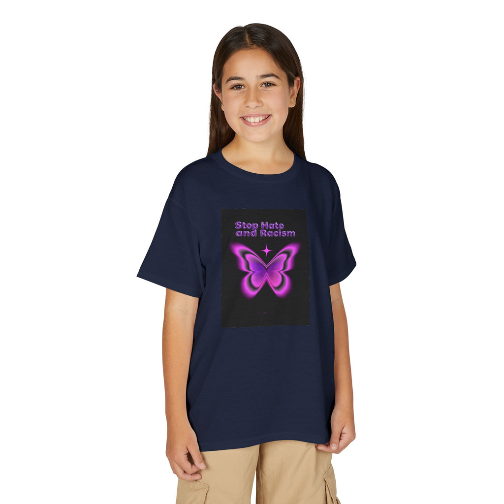 Youth T-Shirt — "Stop Hate and Racism" Pink Butterfly Anti-Racism Tee
