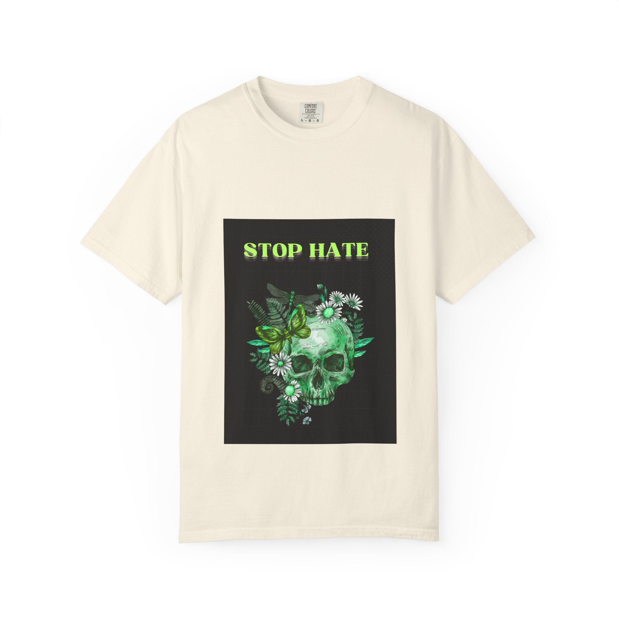 Stop Hate Skull T-Shirt — Green Floral Skull Graphic Tee