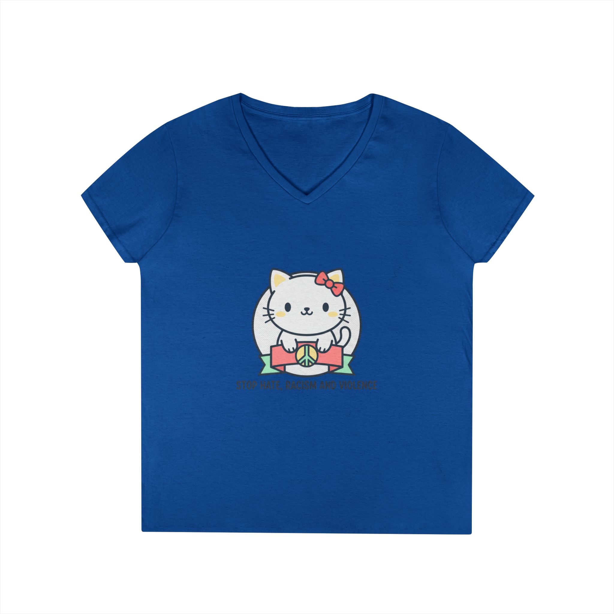 Stop Hate Kitty V-Neck Tee — Cute Anti-Racism Message Shirt