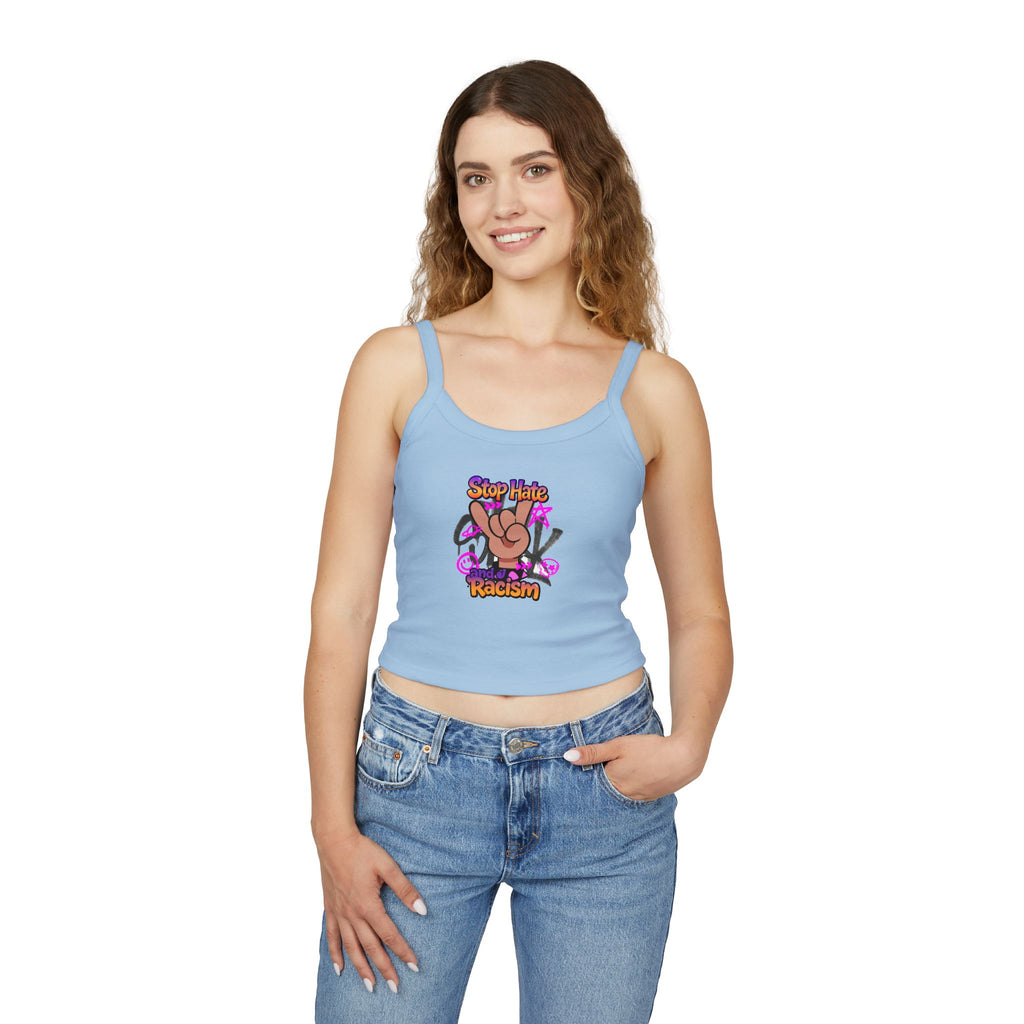 Stop Hating Racism Peace Sign Crop Tank Top — Anti-Racism Women's Spaghetti Strap
