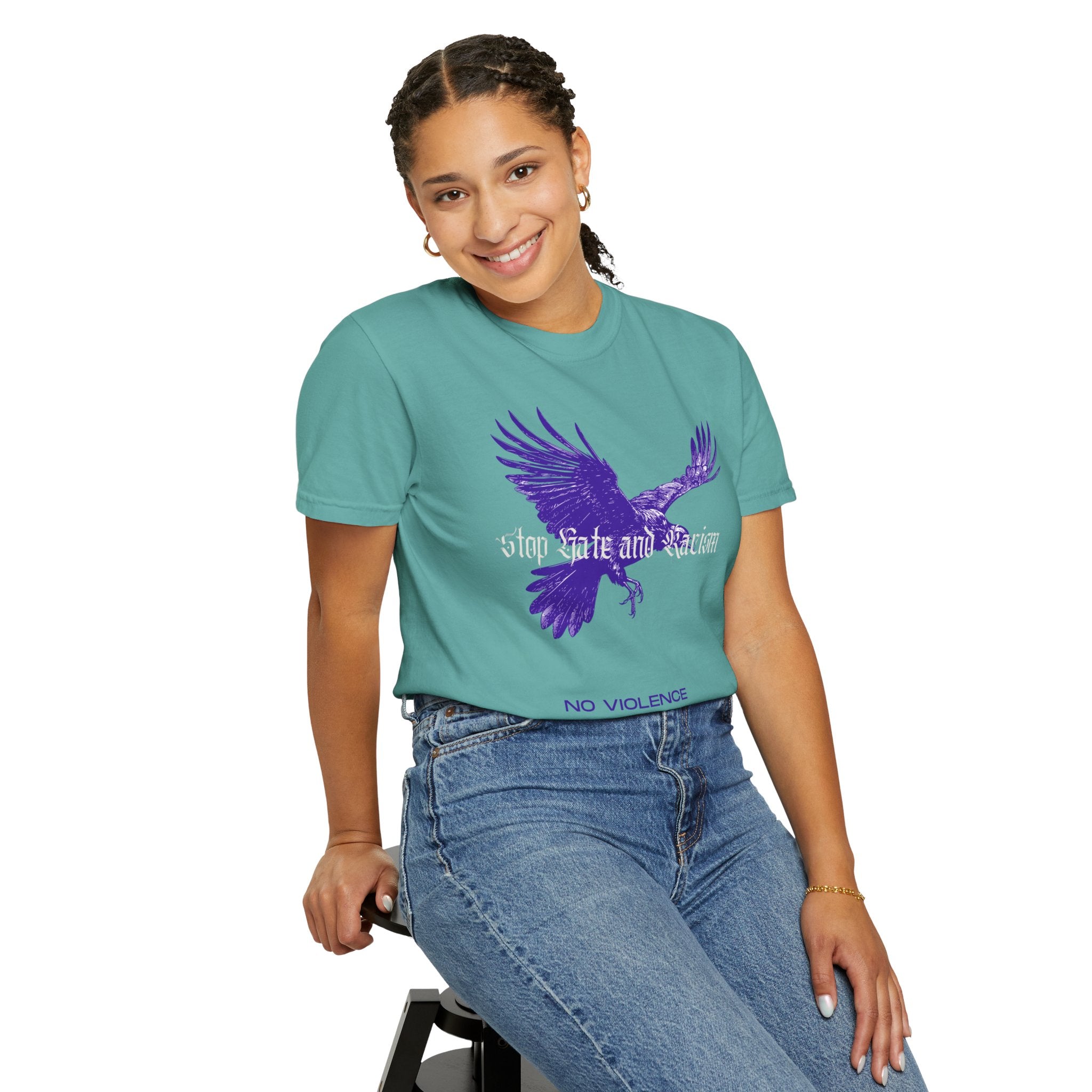 No Violence Raven T-Shirt — Purple Flying Crow Graphic Tee