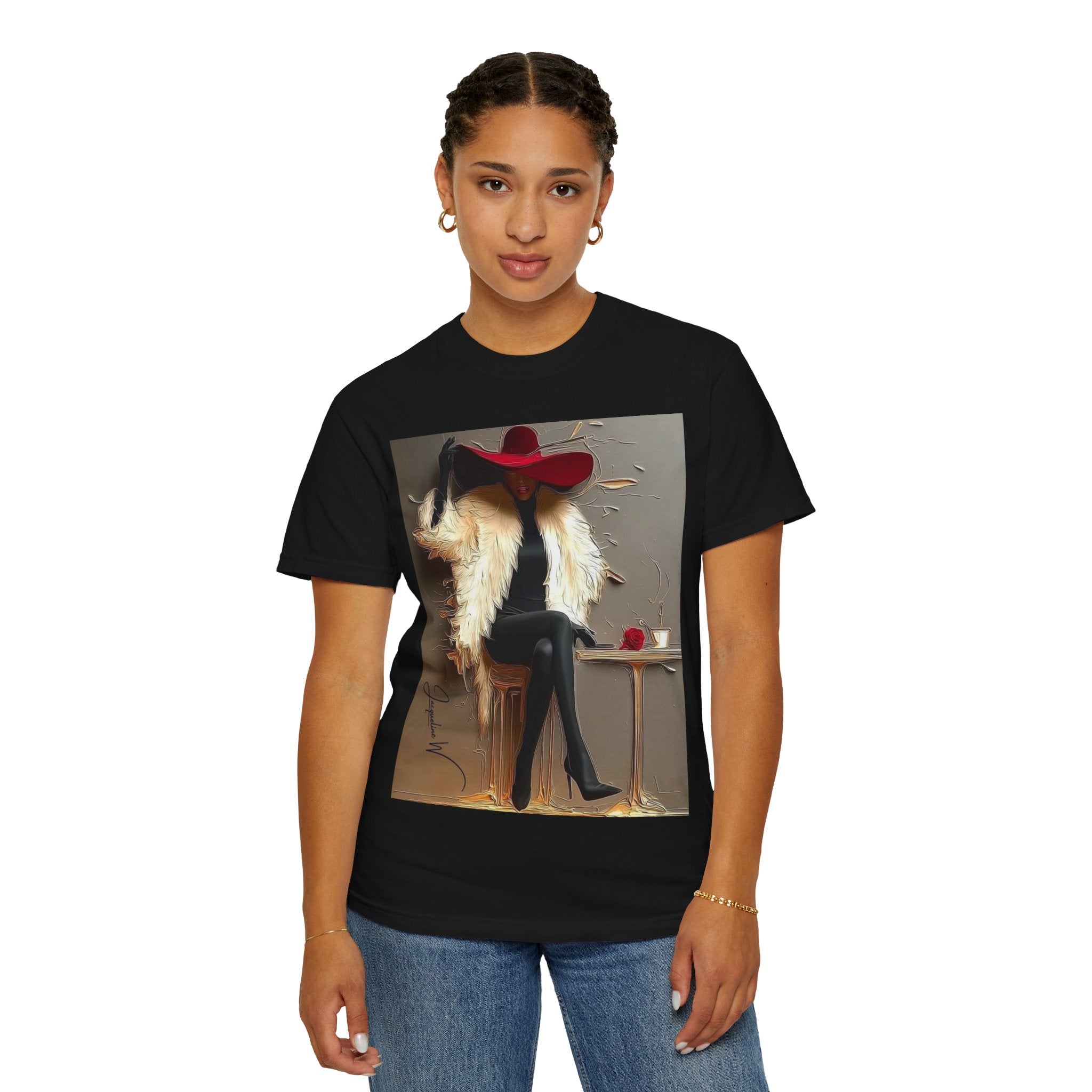 Vintage Glam Femme T-Shirt — Red Hat, Fur & Stiletto Art Tee