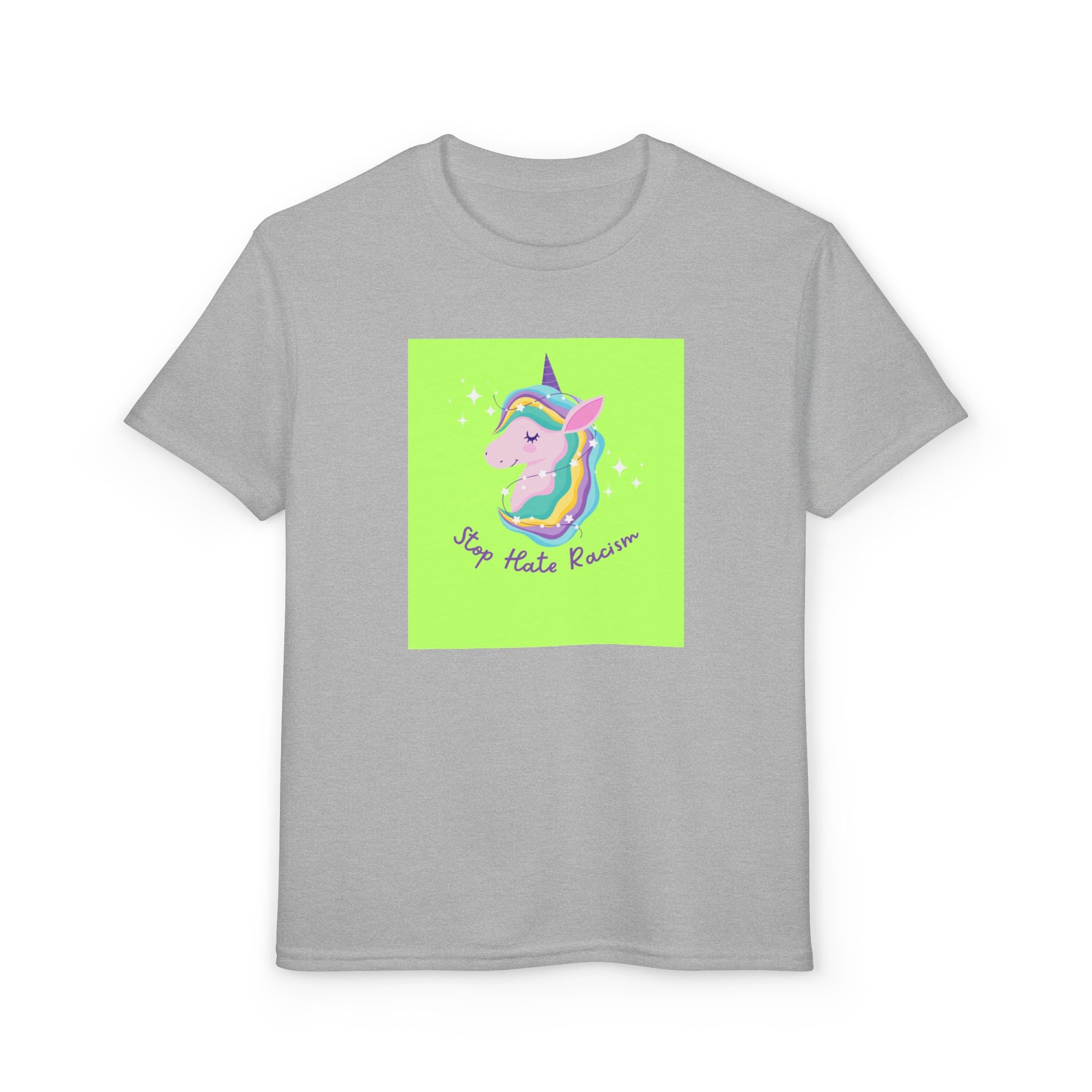 Youth T-Shirt — Rainbow Unicorn “Stop Hate Racism” Graphic