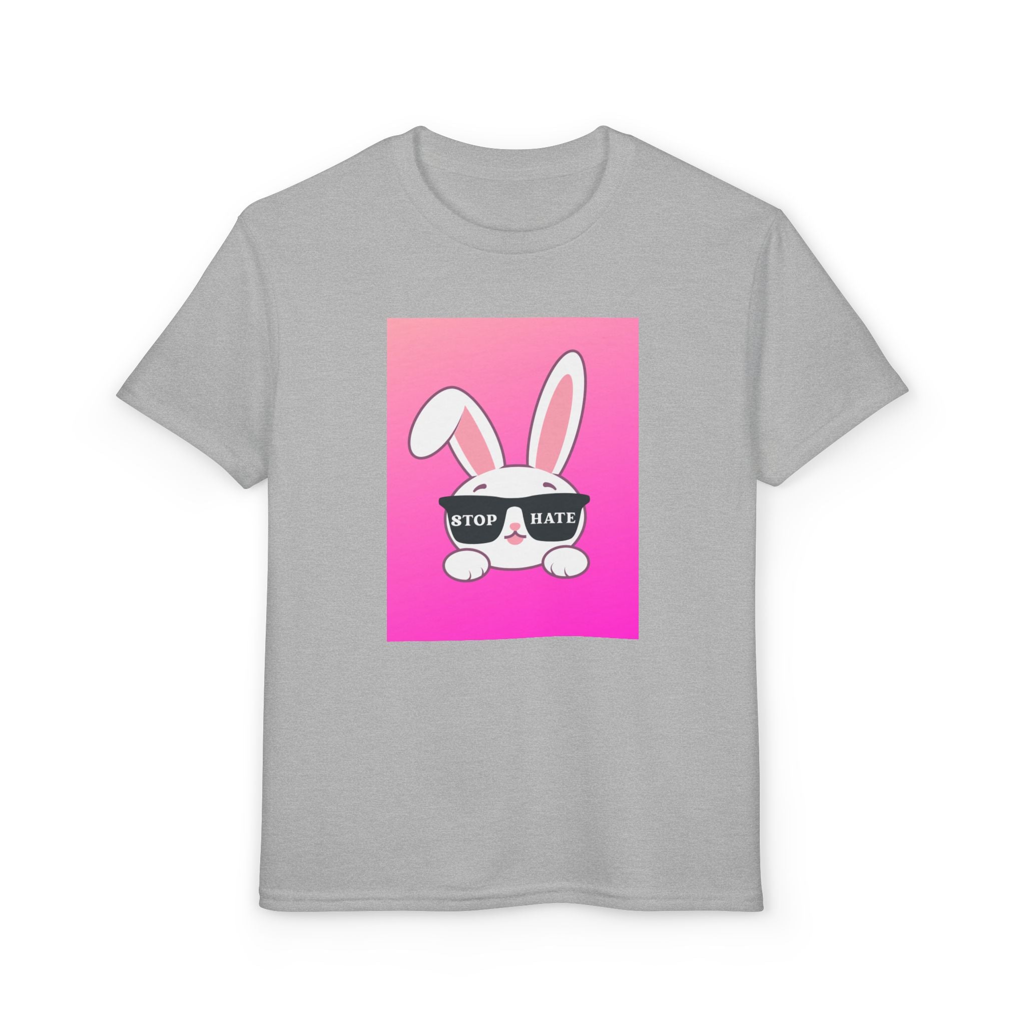 Youth T-Shirt — Pink Bunny "Stop Hate" Graphic