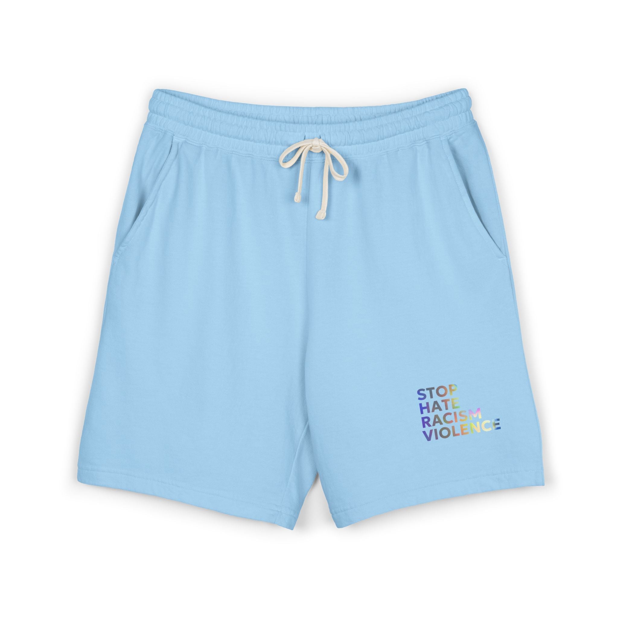 Stop Hate Shorts — Lightweight Fleece Sweat Shorts with "Stop Hate Racism and Violence" Print