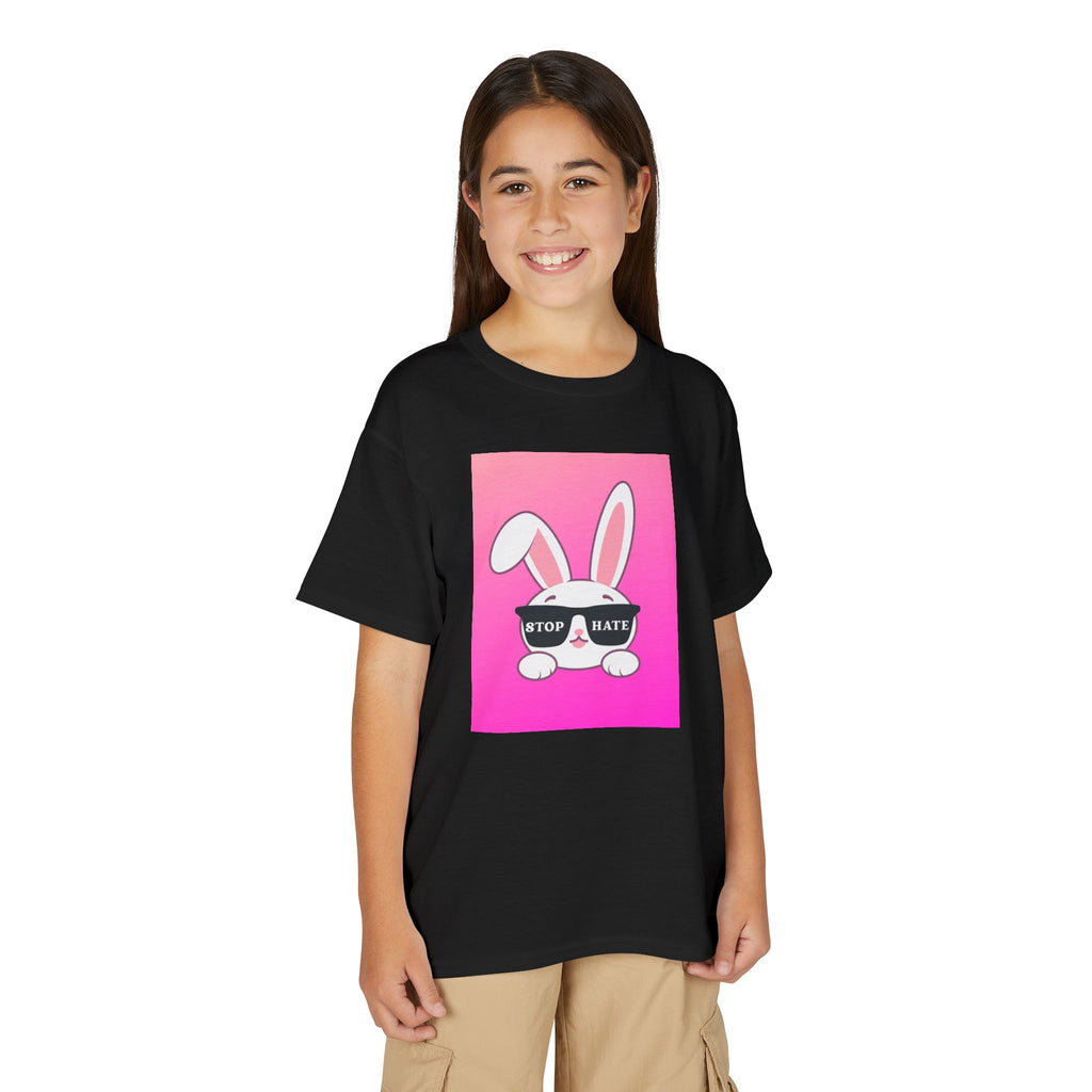Youth T-Shirt — Pink Bunny "Stop Hate" Graphic