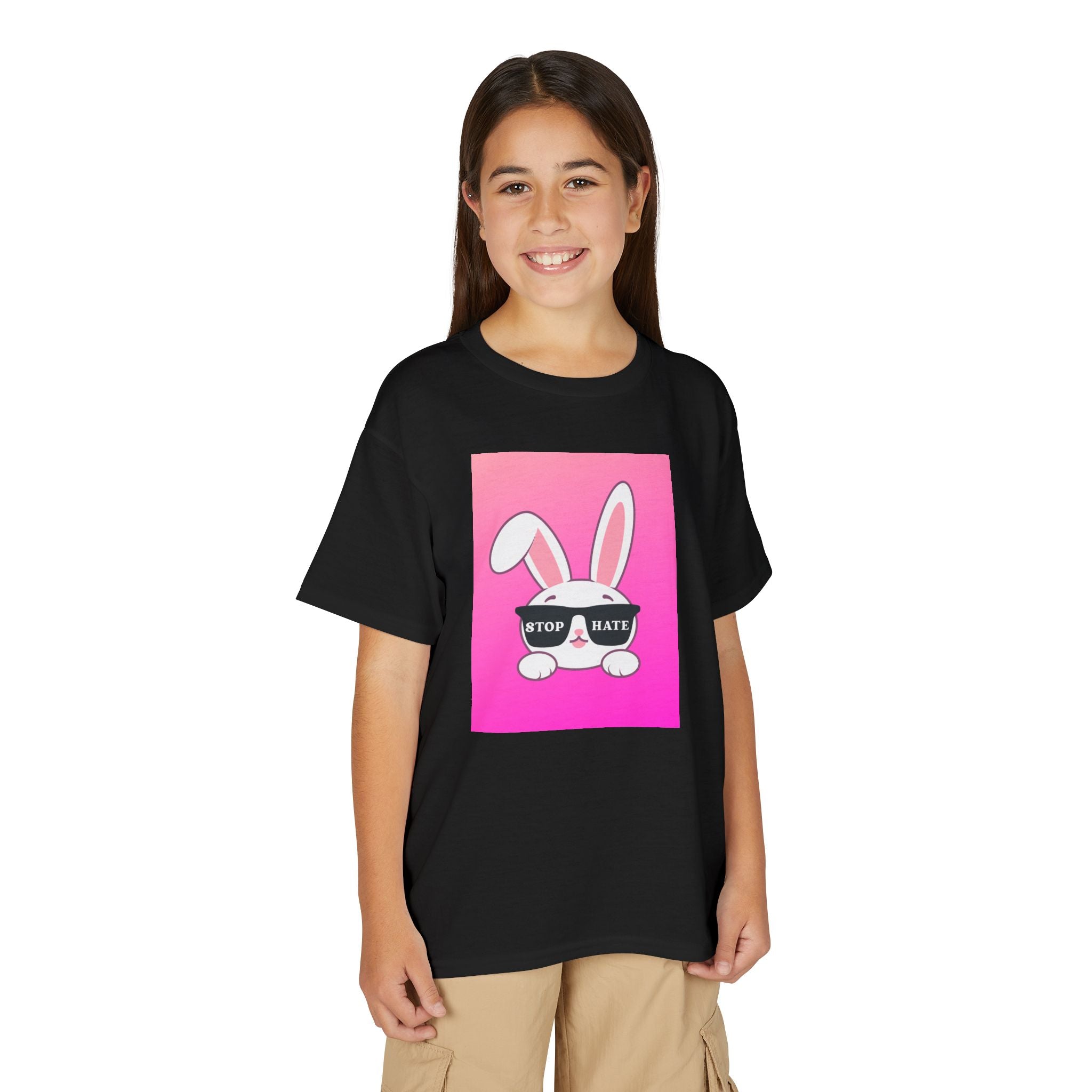 Youth T-Shirt — Pink Bunny "Stop Hate" Graphic