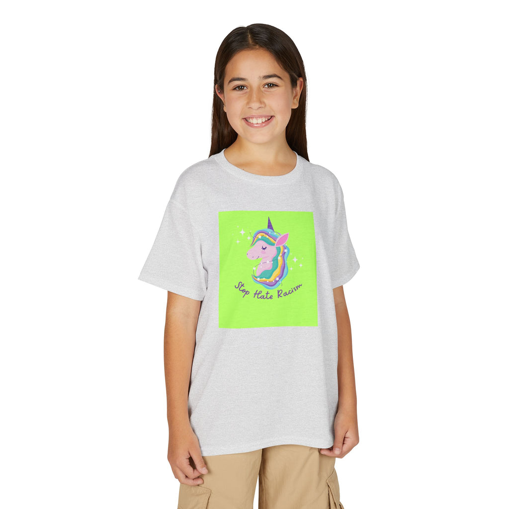 Youth T-Shirt — Rainbow Unicorn “Stop Hate Racism” Graphic
